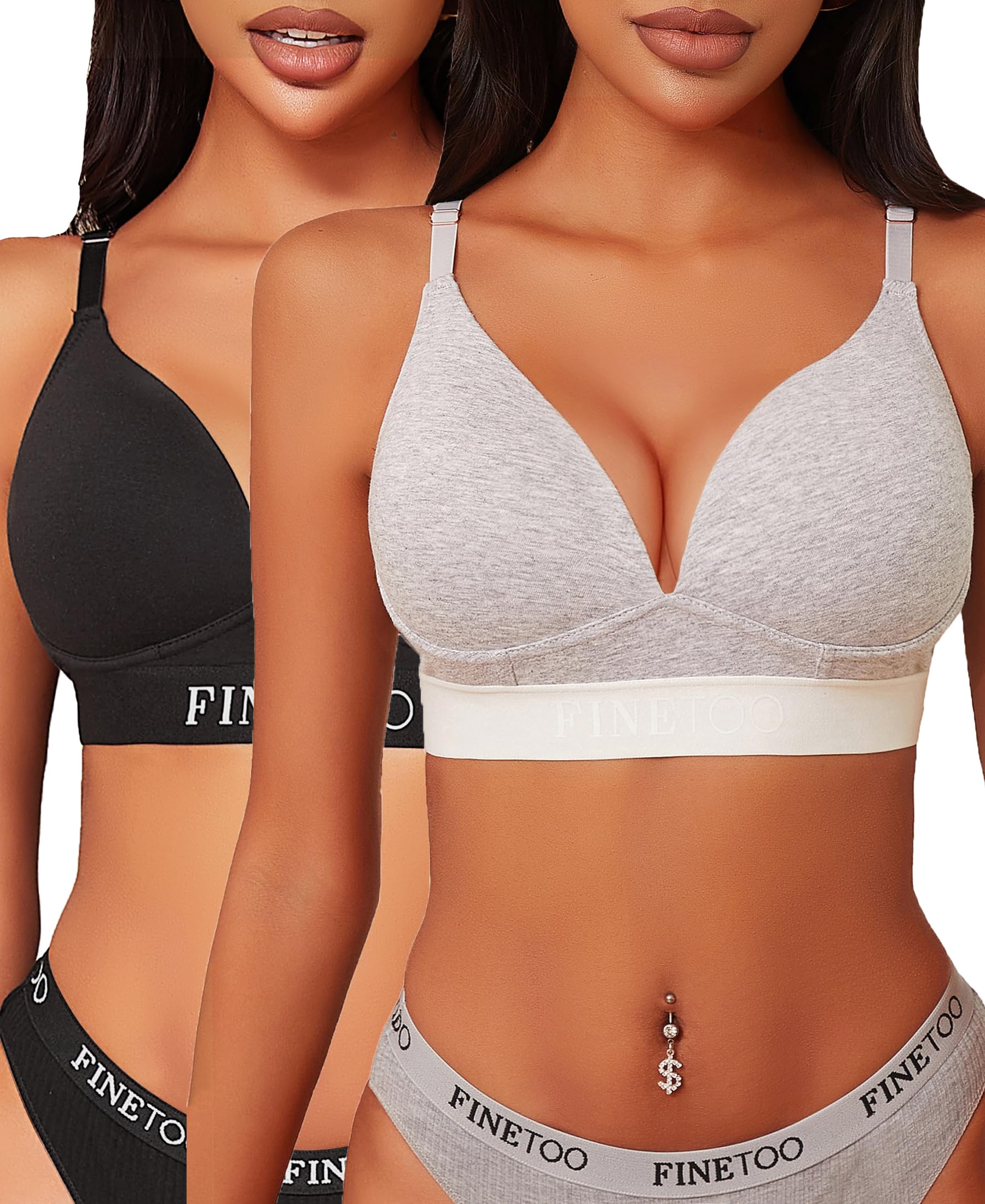FINETOO Wireless Bras for Women - Comfortable Cotton Full Coverage Lightly Lined Bralette with V-Neck & Cross Back Straps | Perfect for Yoga, Lounge & Everyday Wear