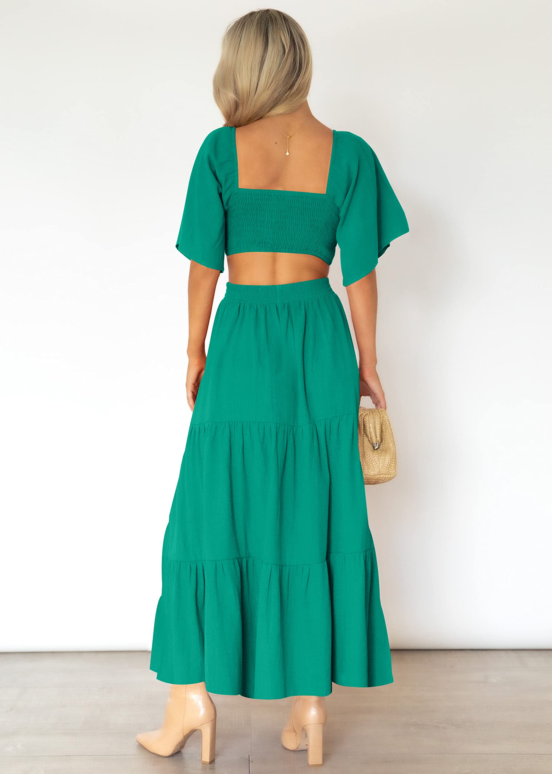 LEANI Women's 2025 Summer Cutout Maxi Dress - Square Neck Short Sleeve Crossover Waist Flowy Beach Dress for Casual Wear, Party & Vacation