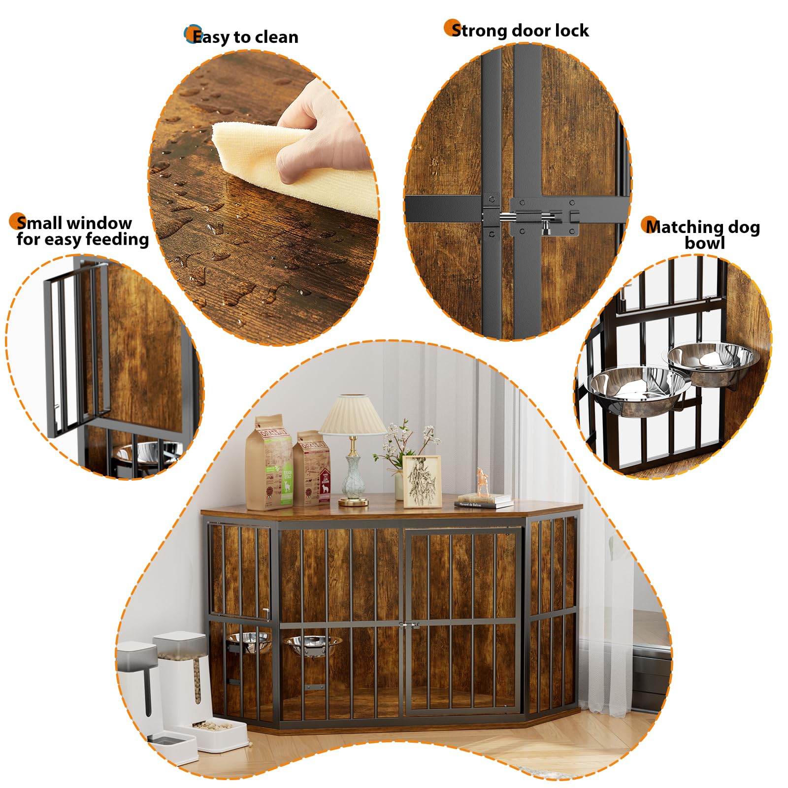 APRILSOUL 53 Inch Wooden Dog Crate Corner Furniture - Indoor Pet Kennel with Food Bowl, End Table for Small Medium Large Dogs - Space Saving Design for Living Room, Bedroom & Apartments