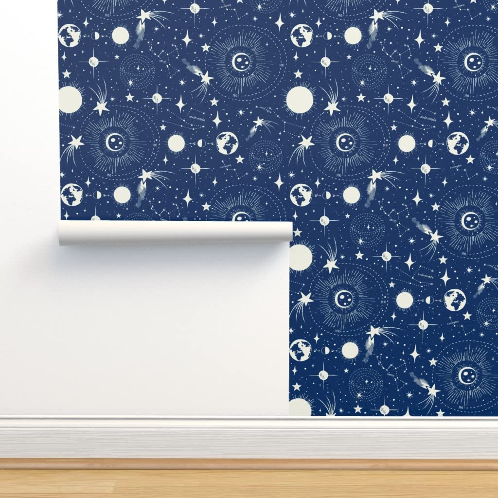 Removable Wallpaper 12ft x 2ft - Solar System Blue Stars Space Moon Vintage Celestial Constellations Galaxy Planets Adventure Custom Pre-Pasted Wallpaper | Perfect for Kids Room, Nursery, Classroom & Space-Themed Decor