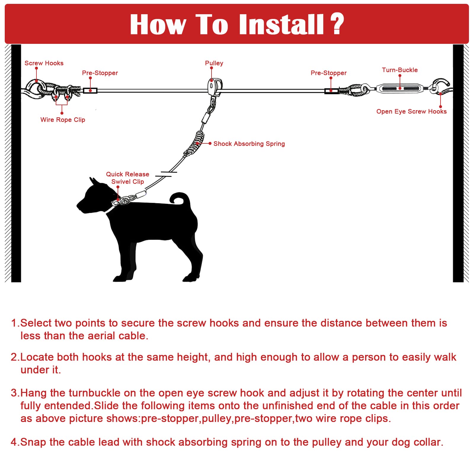 Heavy Duty 100FT Dog Run for Large Dogs Up to 250LBS - 15FT Tie Out Cable with Trolley Zipline System - Perfect for Backyard, Yard & Outdoor Dog Exercise & Playtime