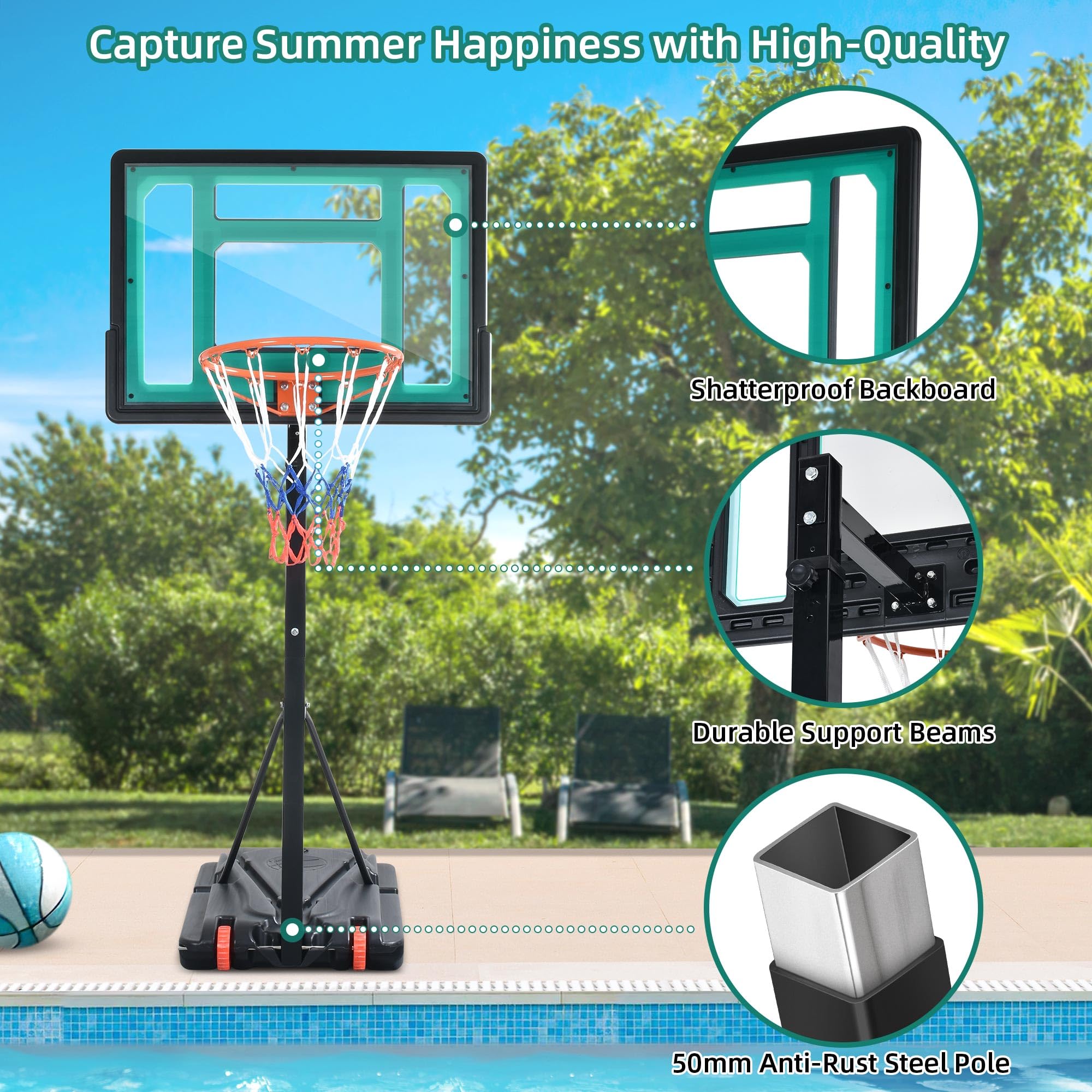 YITAHOME Portable Adjustable Basketball Hoop - Indoor & Outdoor Pool Basketball Goals for Kids & Adults, Perfect for Backyard, Driveway, and Beach Fun