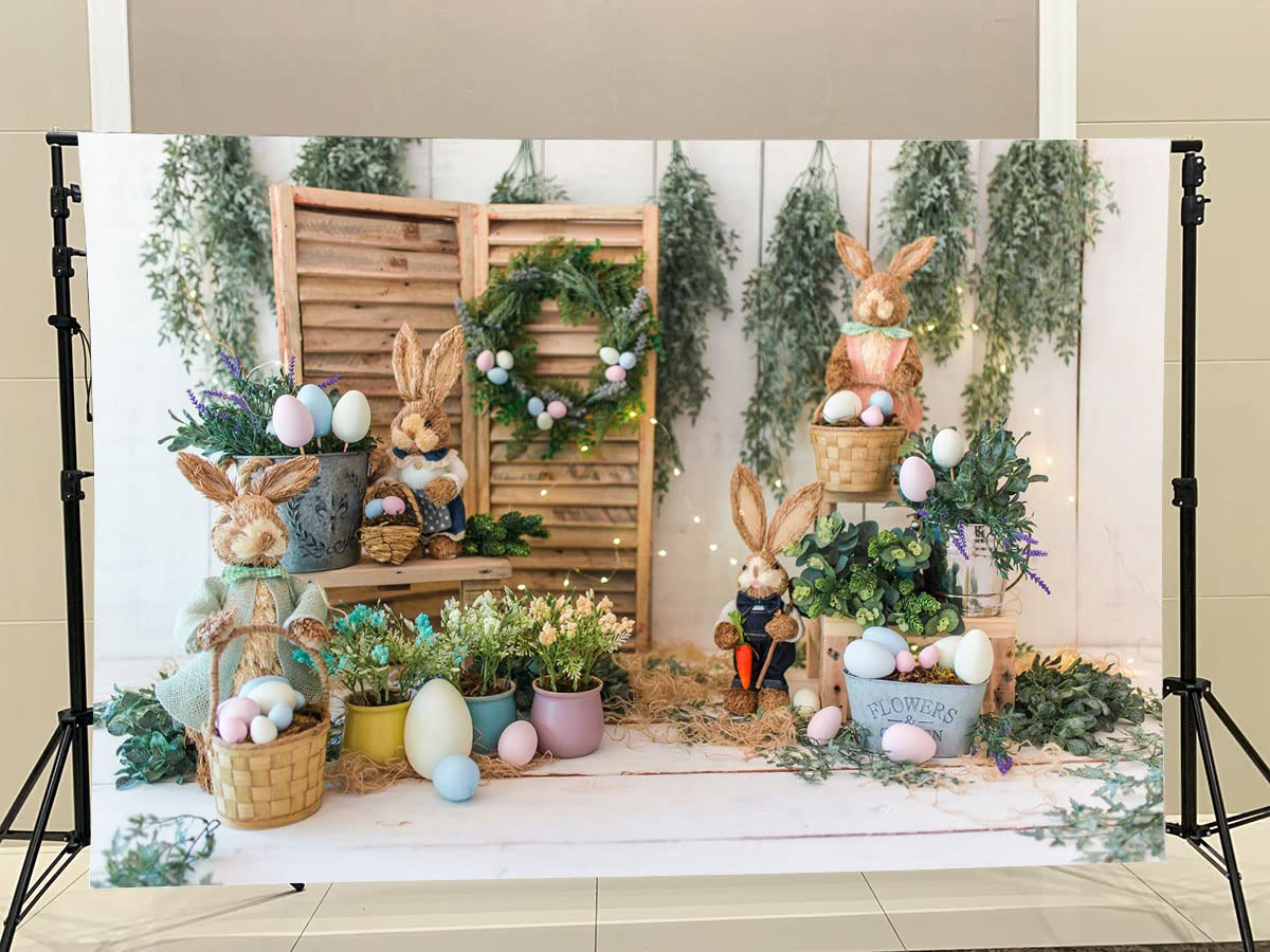7x5ft Happy Easter Backdrop for Photography - Spring Bunny Rabbit & Colorful Eggs Rustic Party Background - Easter Photo Booth Props for Baby Showers, Church Events & Family Gatherings
