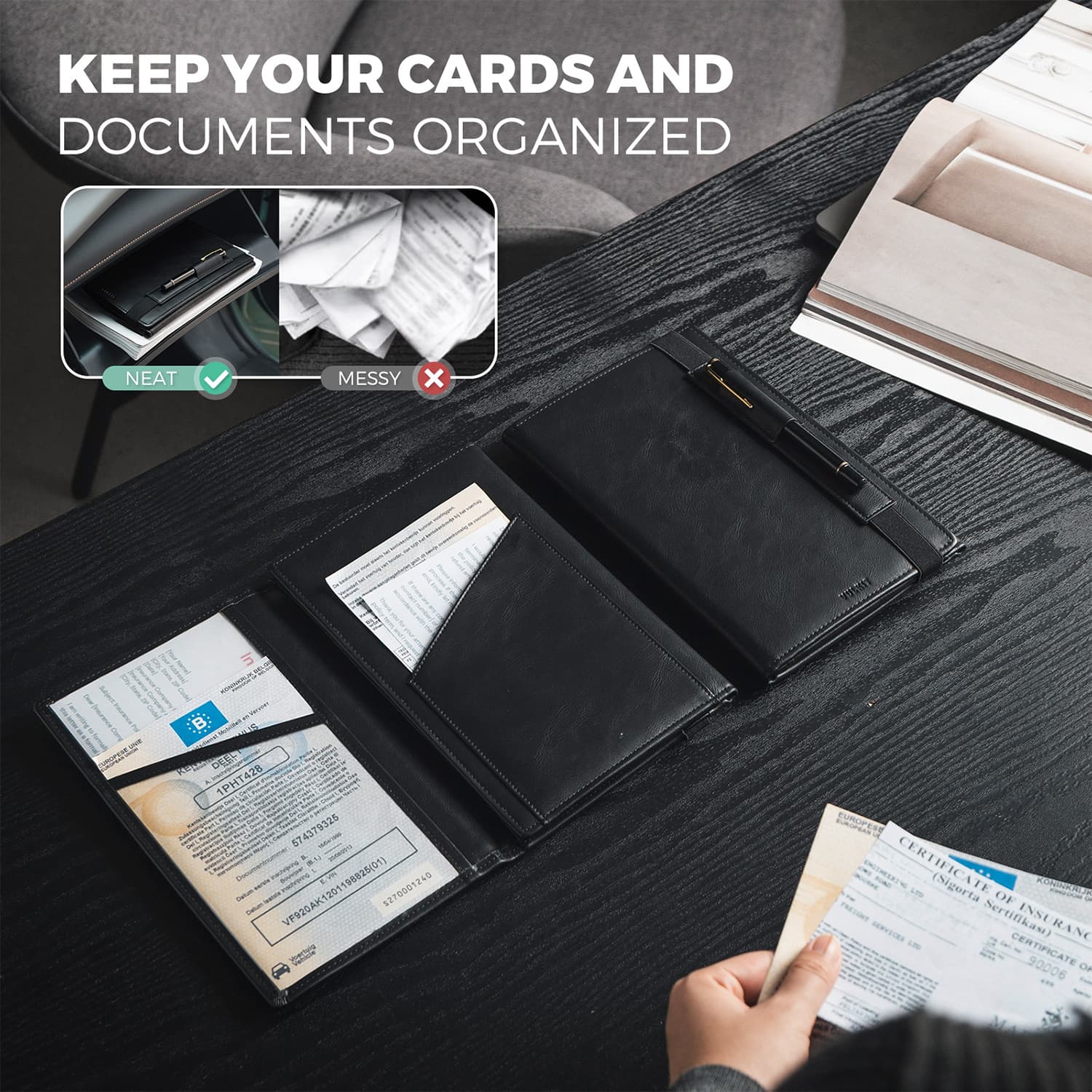VFP100 Car Registration & Insurance Holder - Leather Tri-Fold Vehicle Document Organizer for Glove Box - Stores Car Keys, IDs & Essential Papers - Perfect for Road Trips & Daily Commuting