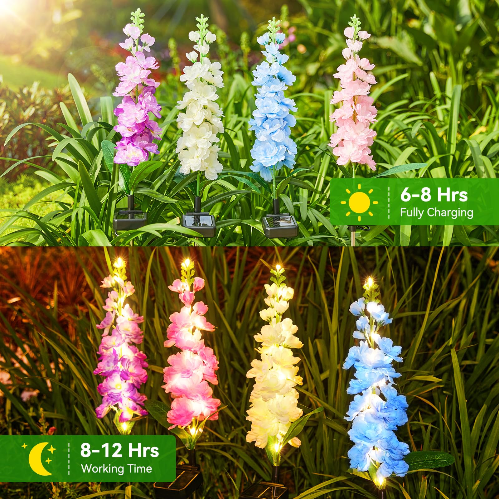 KOOPER 4 Pack Upgraded Delphinium Solar Garden Lights - 36 LED Waterproof Outdoor Solar Lights for Yard, Garden & Pathway Decor | Solar Powered Flower Lights for Patio, Lawn & Landscape Lighting