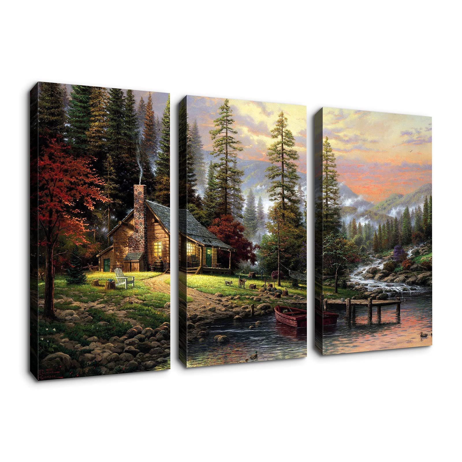 Denozer - 3 Panels Thomas Kinkade Garden Landscape Oil Painting Canvas Wall Art - Stretched & Framed Ready to Hang - 20