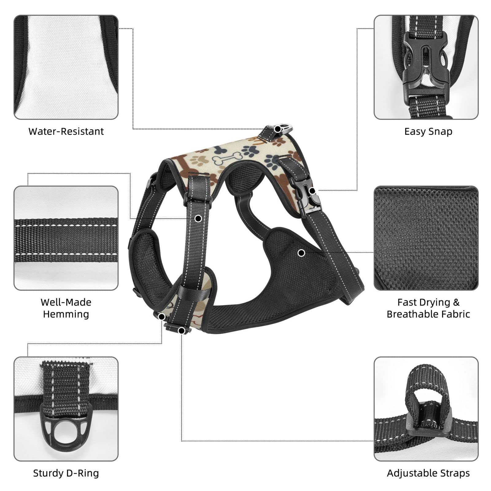 No Pull Dog Safety Harness with Leash Clip - Reflective Breathable Adjustable Pet Vest for Puppy Training & Walking (Bone & Paw Print Design) - Perfect for Outdoor Adventures, Night Walks & Obedience Training