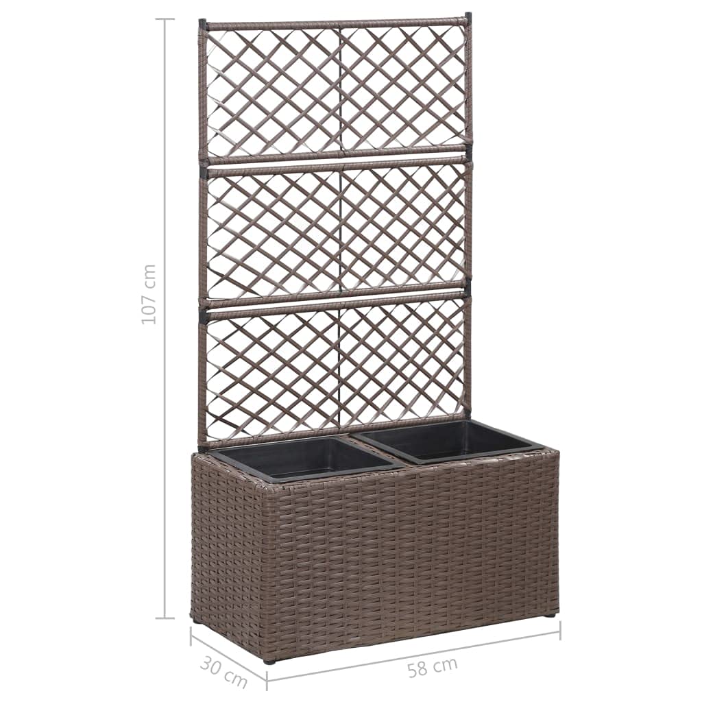 CHARMMA Trellis Raised Garden Bed with 2 Plant Pots - 22.8x11.8x42.1 Inches Poly Rattan Planter Box - Brown Outdoor Gardening Solution - Perfect for Small Spaces, Balconies & Patios