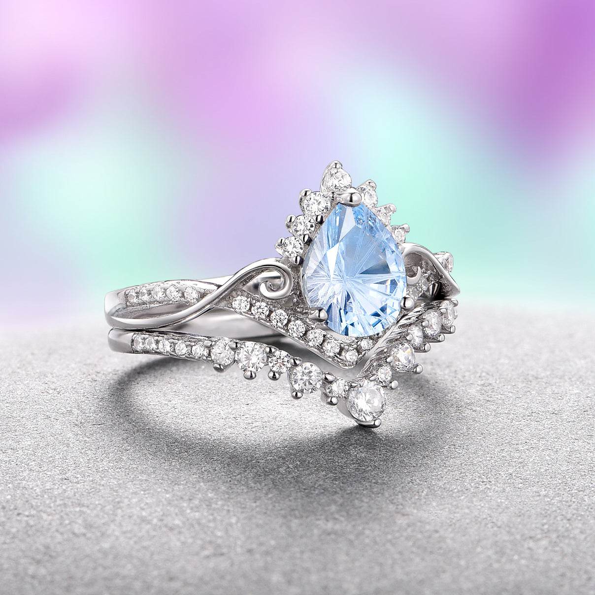 Faye Aquamarine Ring Set - Sterling Silver Fantasy Cut Gemstone Jewelry for Women - Perfect for Weddings, Anniversaries & Special Occasions
