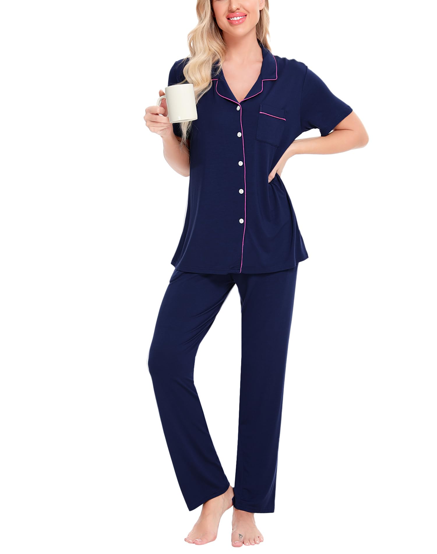 SWOMOG Women's 2-Piece Pajama Set - Soft Short Sleeve Button Down Sleepwear with Comfortable Long Pants for Lounge, Sleep & Relaxation at Home