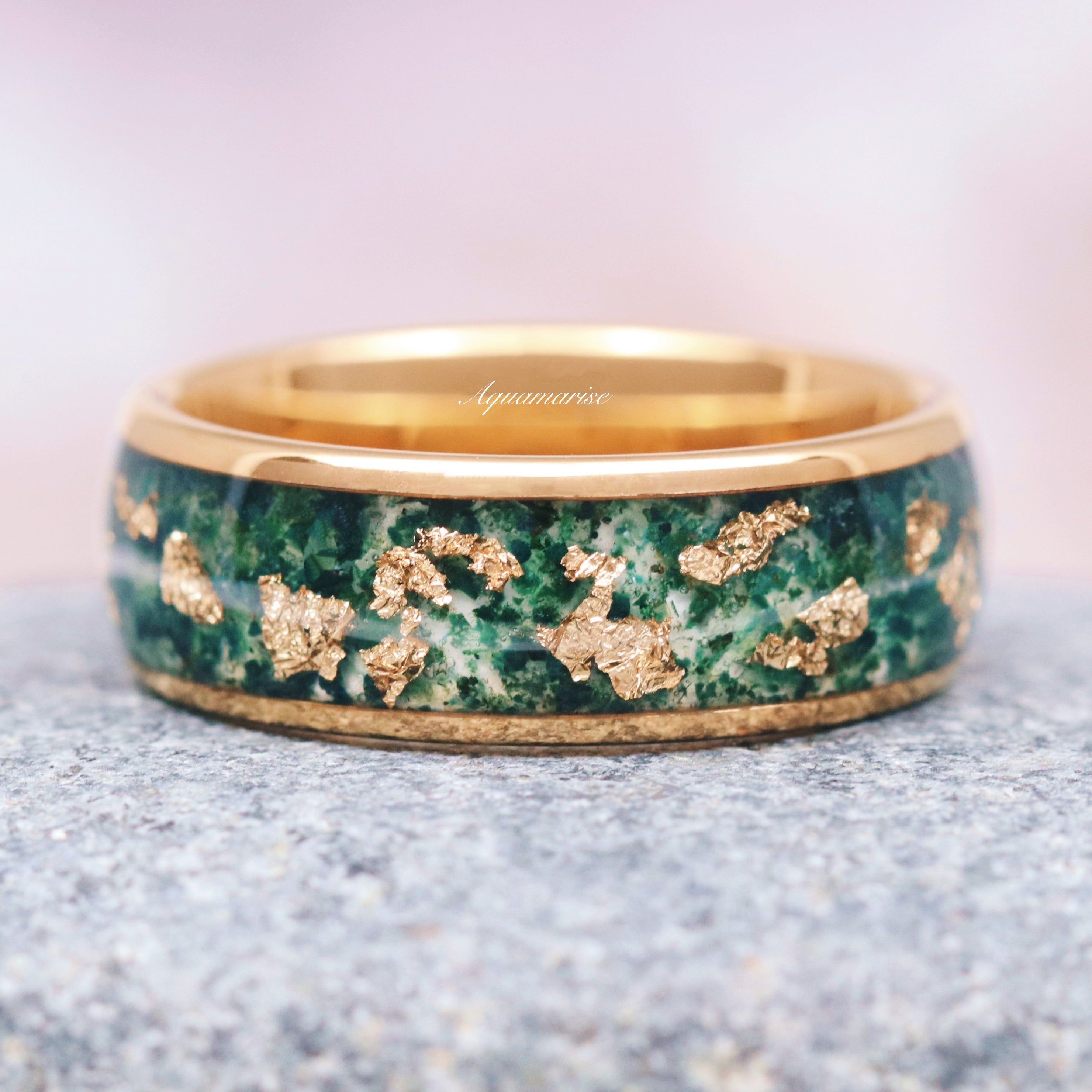 Celtic Knot Moss Agate & Gold Leaf Couples Ring - Handmade Wedding Band for Him & Her - Perfect for Anniversaries, Engagements, and Romantic Gifts