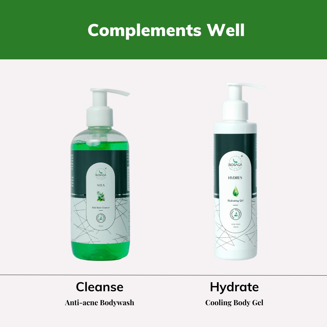 Biosaga NTEA Body Wash with Neem & Tea Tree Extract - Mild Herbal Cleanser for Oily & Acne-Prone Skin - Hydrating Anti-Pollutant Acne Treatment for Men & Women (300ml) - Perfect for Daily Shower & Post-Workout Skin Care