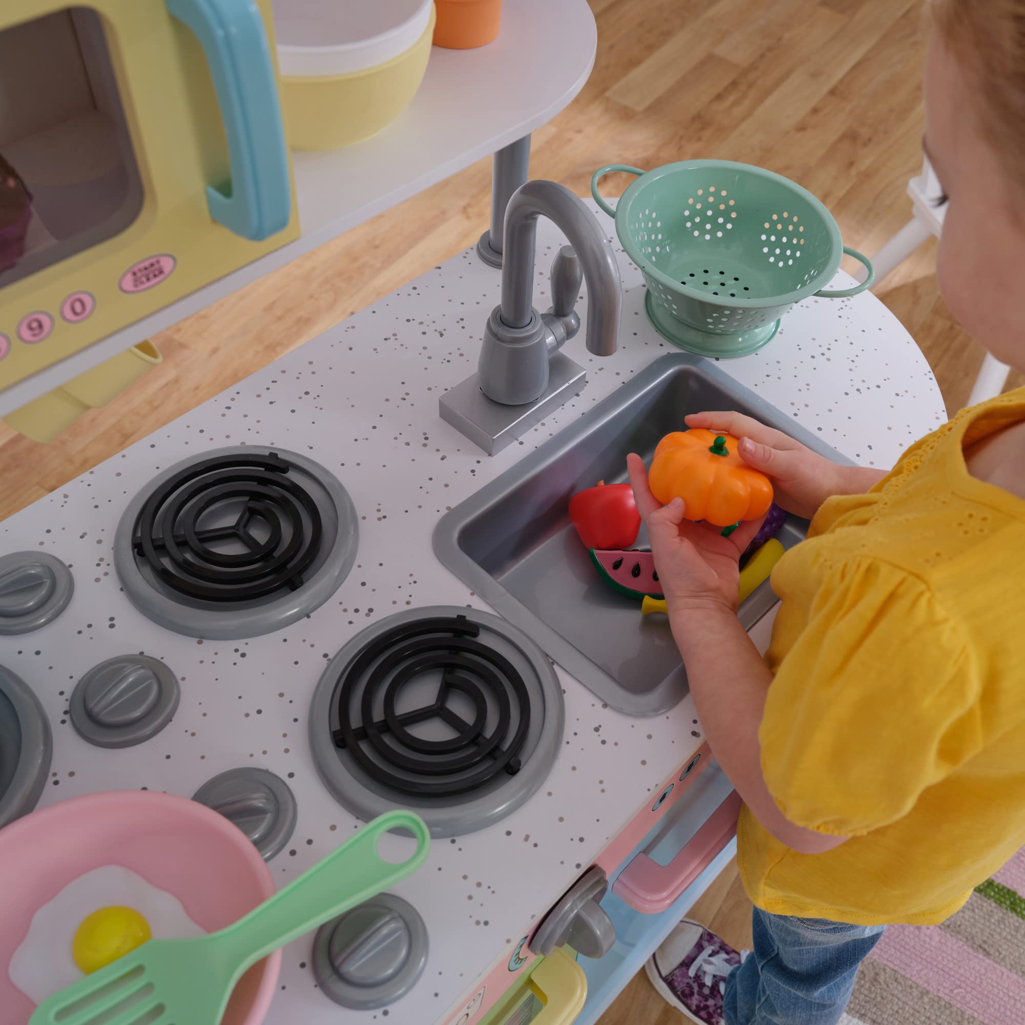 KidKraft Uptown Pastel Wooden Play Kitchen Set with Chalkboard, Play Phone & See-Through Doors - Pretend Play Toy for Toddlers Ages 3+ | Perfect for Imaginative Play, Birthday Gifts & Preschool Learning