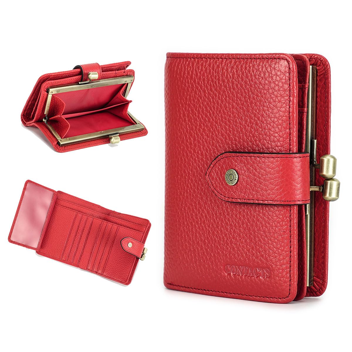 Women's RFID Blocking Leather Kiss Lock Wallet with Photo Window - Small Bifold Coin Purse & Card Holder for Everyday Use (Red) | Perfect for Travel, Shopping, and Gift Giving