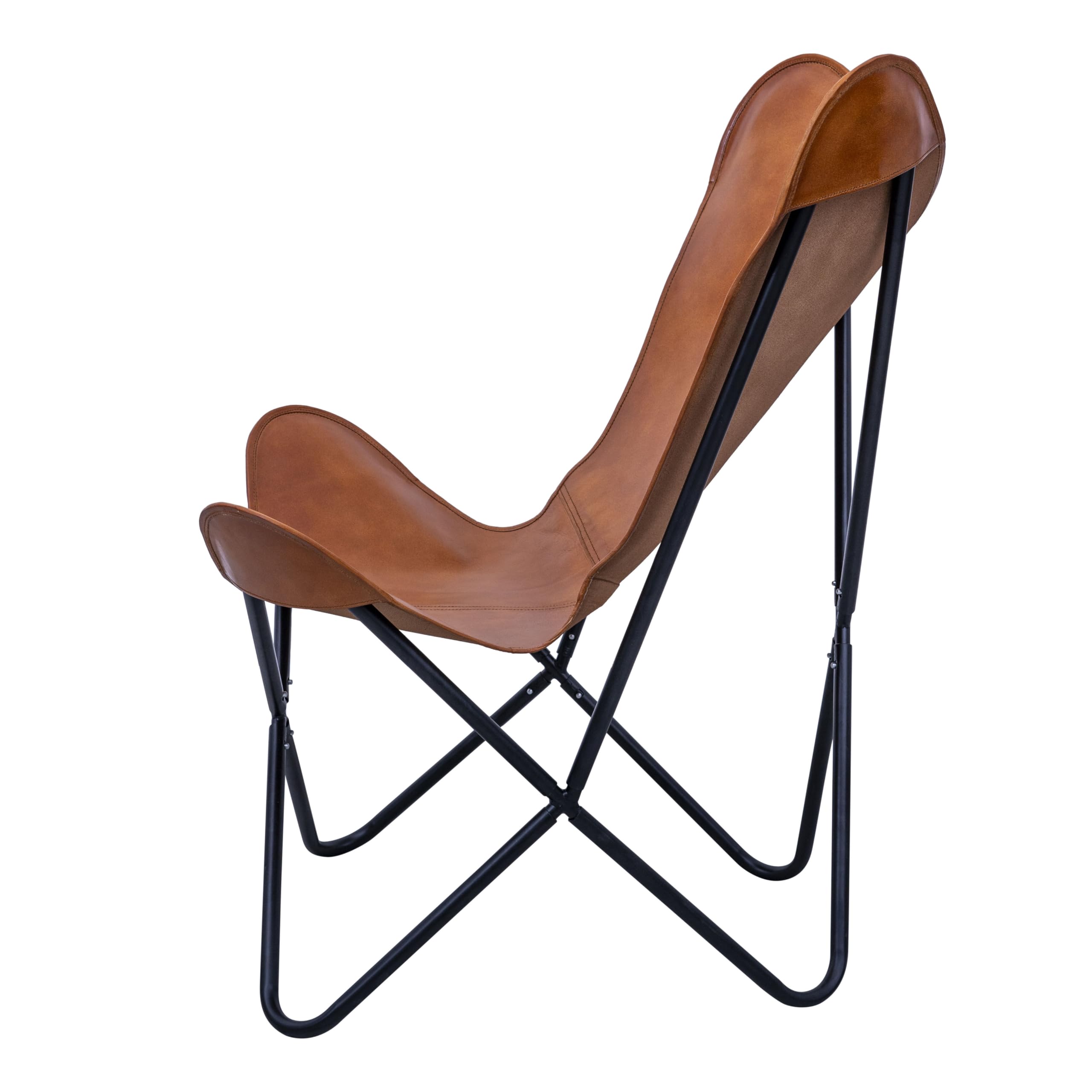 Tan Leather Butterfly Chair with Black Metal Base - Modern Living Room Accent Chair for Lounge, Patio, or Bedroom - Iron Frame & Premium Leather Cover - Stylish & Comfortable Seating