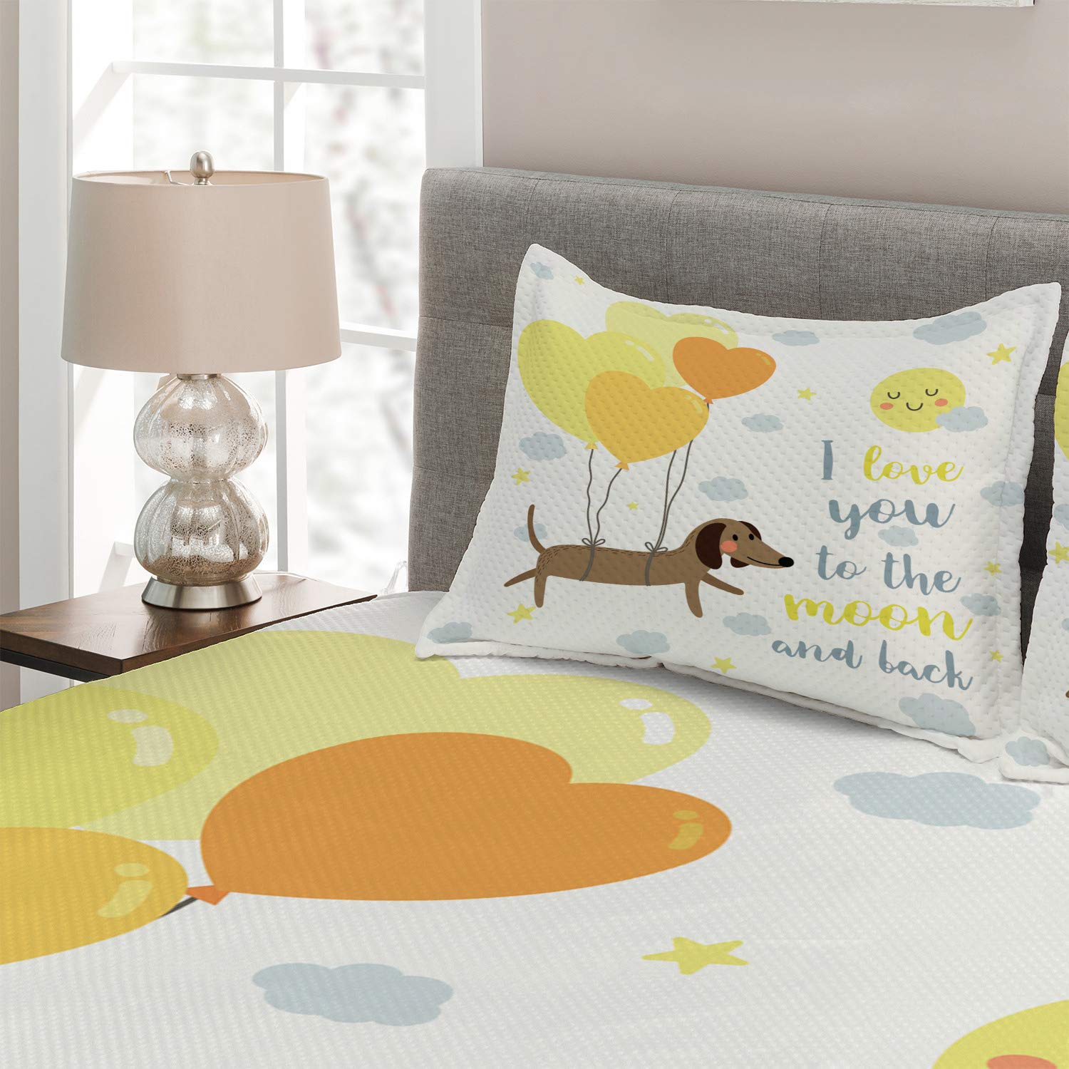 Ambesonne I Love You Quilt Set - King Size 3-Piece Bedspread with Dog Balloons, Hearts, Sun & Clouds Design, Blue Grey Yellow Cocoa - Perfect for Bedroom Decor, Gift for Dog Lovers, Cozy Home Accent