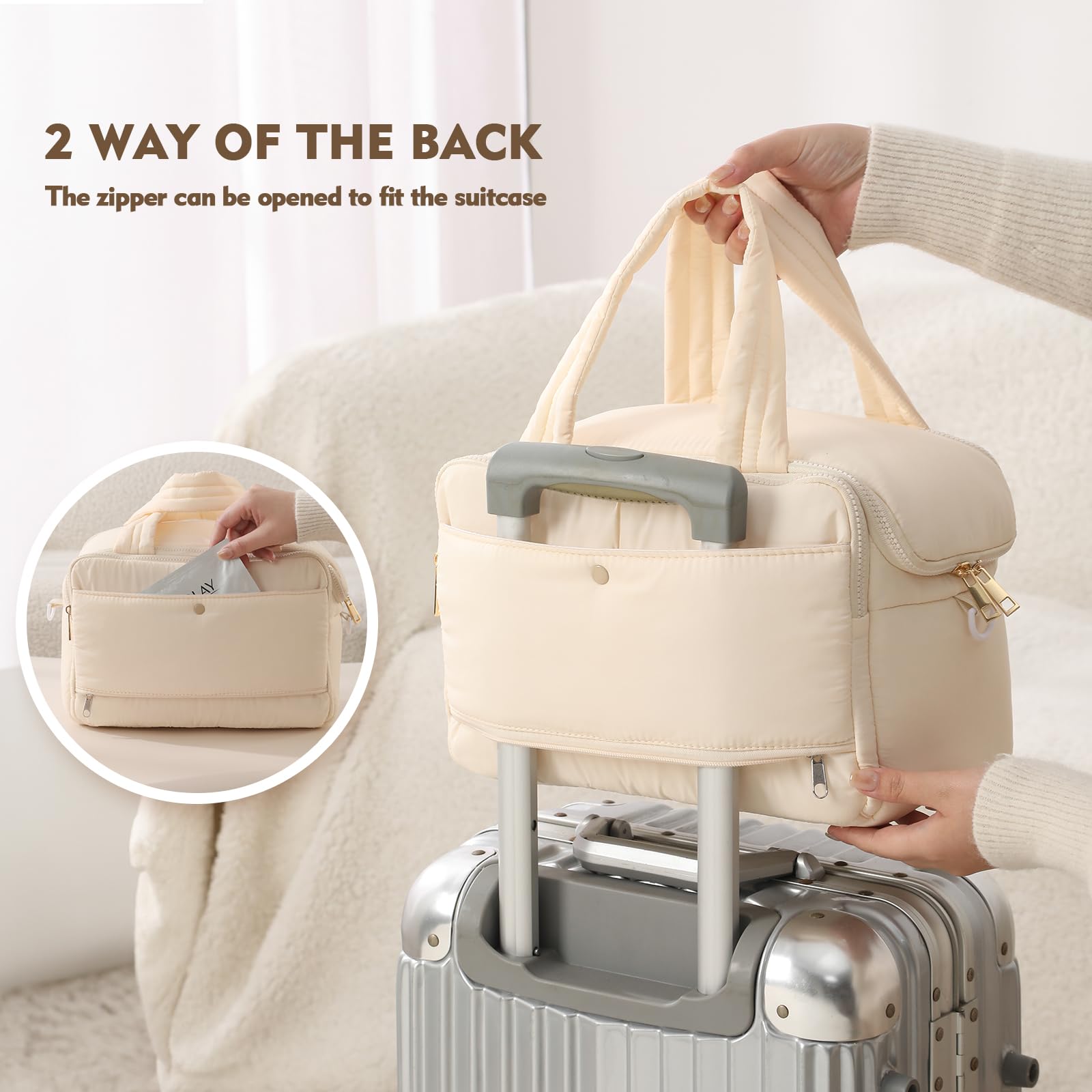 Premium Large Travel Toiletry Bag for Women - Waterproof Cosmetic Organizer with Wide Handle & Adjustable Shoulder Strap, XL Makeup Bag with Dry-Wet Separation - Ideal for Vacation, Gym, Business Trips & Daily Essentials (Cream)