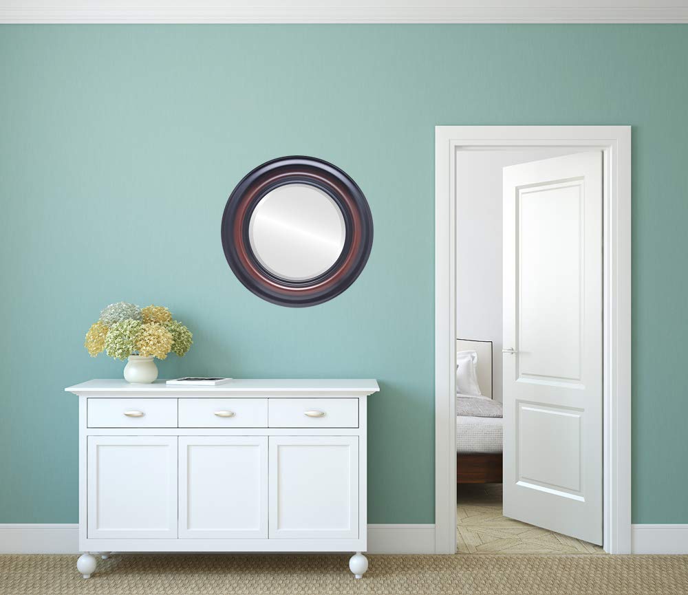 OVALCREST 19x19 Inch Round Beveled Wall Mirror - Lancaster Style Rosewood Framed Mirror for Living Room, Bedroom & Entryway Decor