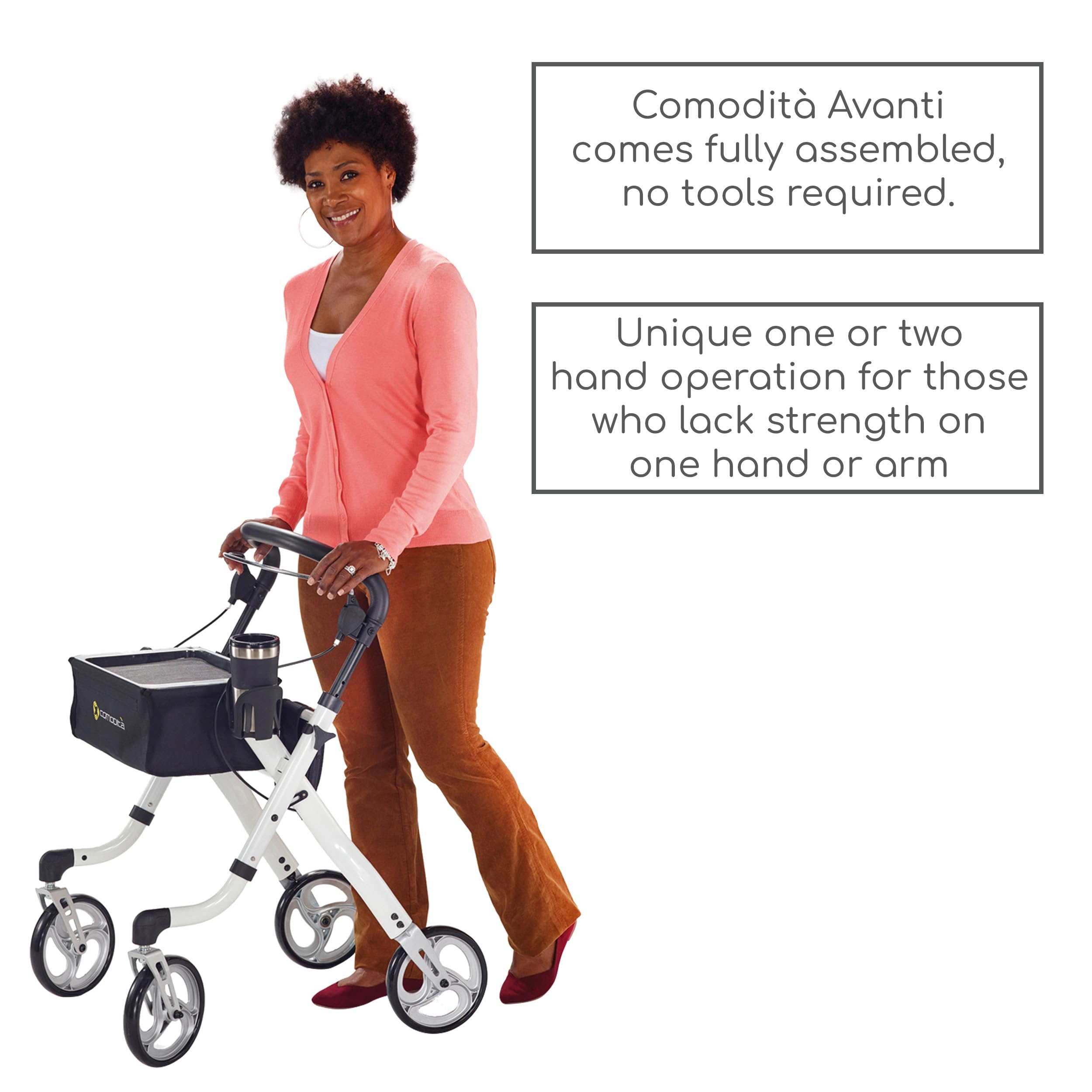 Comodità Uno Classic Rolling Walker - 4 Wheel Rollator with Extra Wide Orthopedic Seat & Hand Brakes for Adults & Seniors - Lightweight Foldable Mobility Aid for Indoor/Outdoor Use - Metallic Graphite