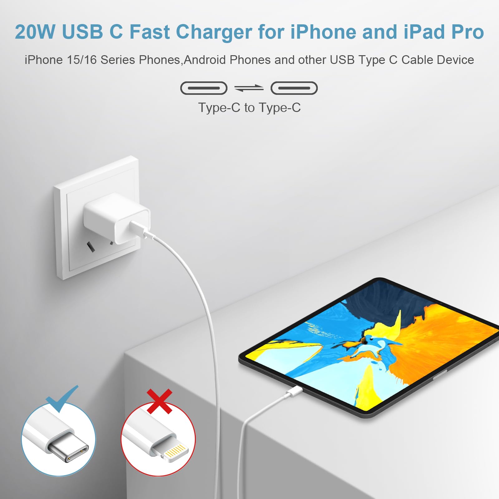 Fast Charging USB C Charger Block for iPhone 16/15 Series - 2 Pack 6FT Type C Cable Compatible with iPhone 16/16 Plus/16 Pro/16 Pro Max/iPhone 15/15 Pro Max/iPad Pro/AirPods - Perfect for Home, Office & Travel