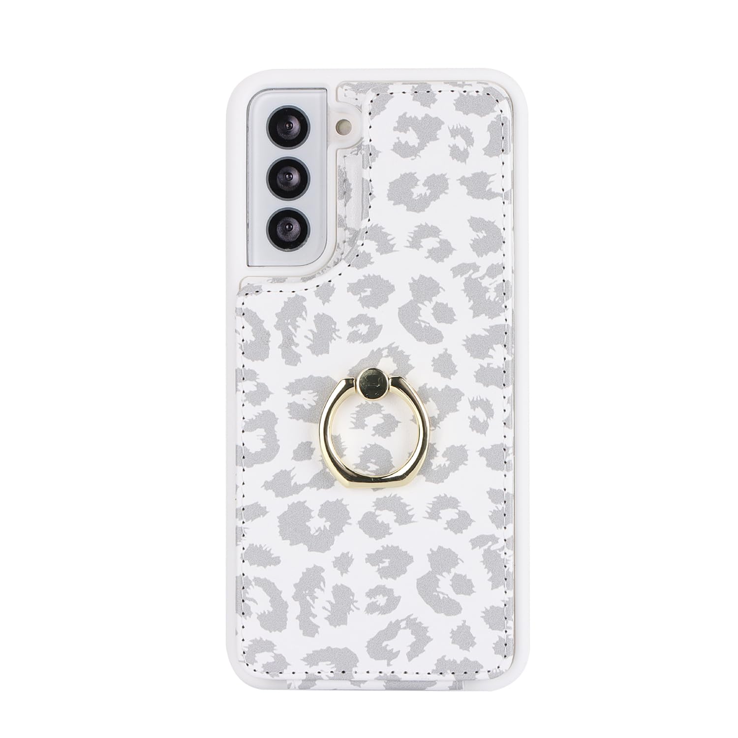 Samsung Galaxy S21 5G Wallet Case with Card Holder & Ring Stand - Cute White Leopard Design for Women (6.2