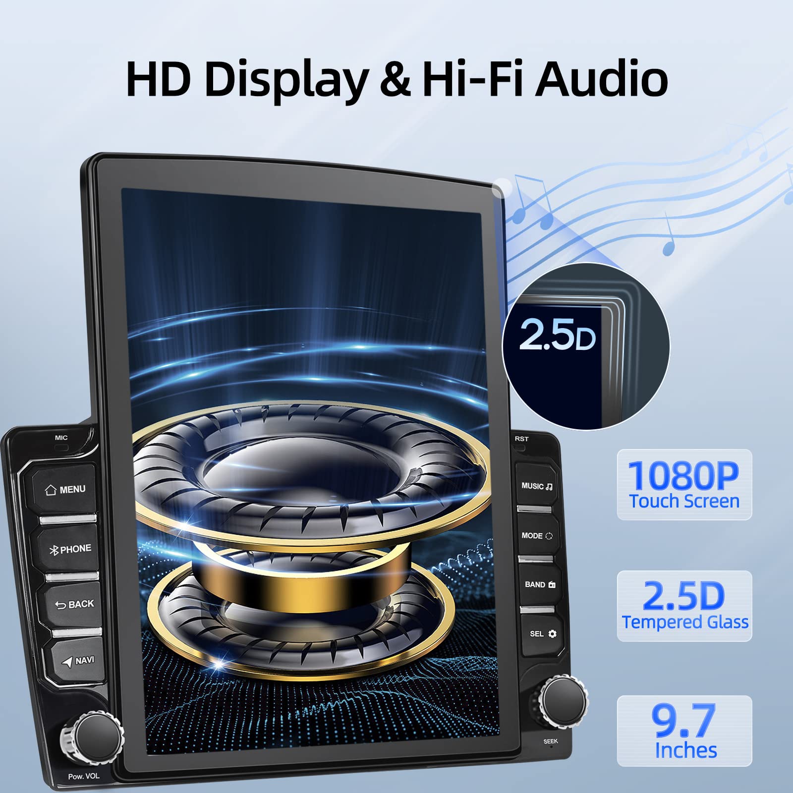 2G+64G Android 13 Vertical Double Din Car Stereo with Wireless/Wired CarPlay & Android Auto - 9.7