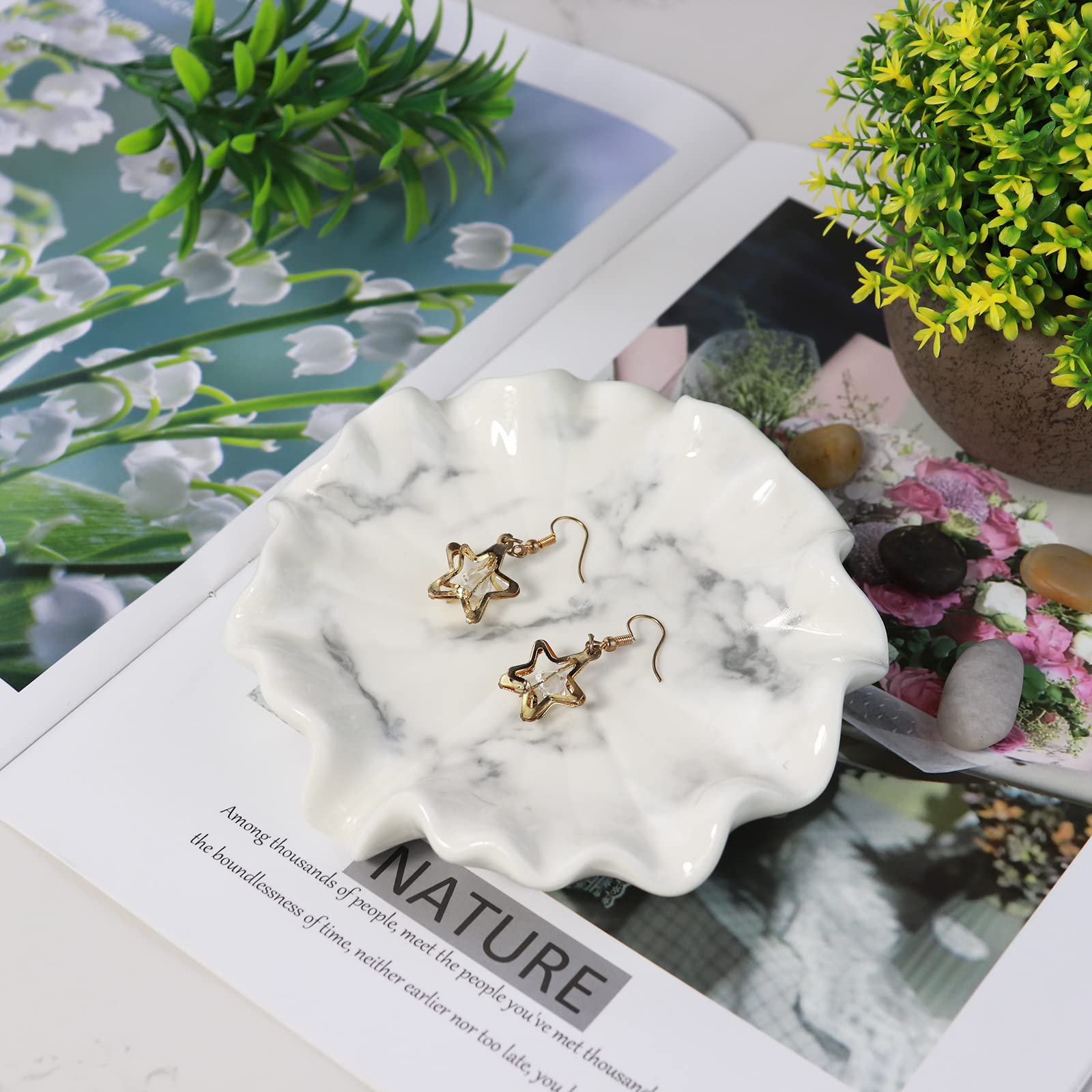 Ceramic Soap Dish with Lotus Leaf White Marble Pattern - Self Draining Soap Holder with Waterfall Slot - Bathroom & Kitchen Countertop Organizer for Sponges and Soap - Perfect for Modern Bathrooms, Spa Showers, and Luxury Hotel Style Vanities