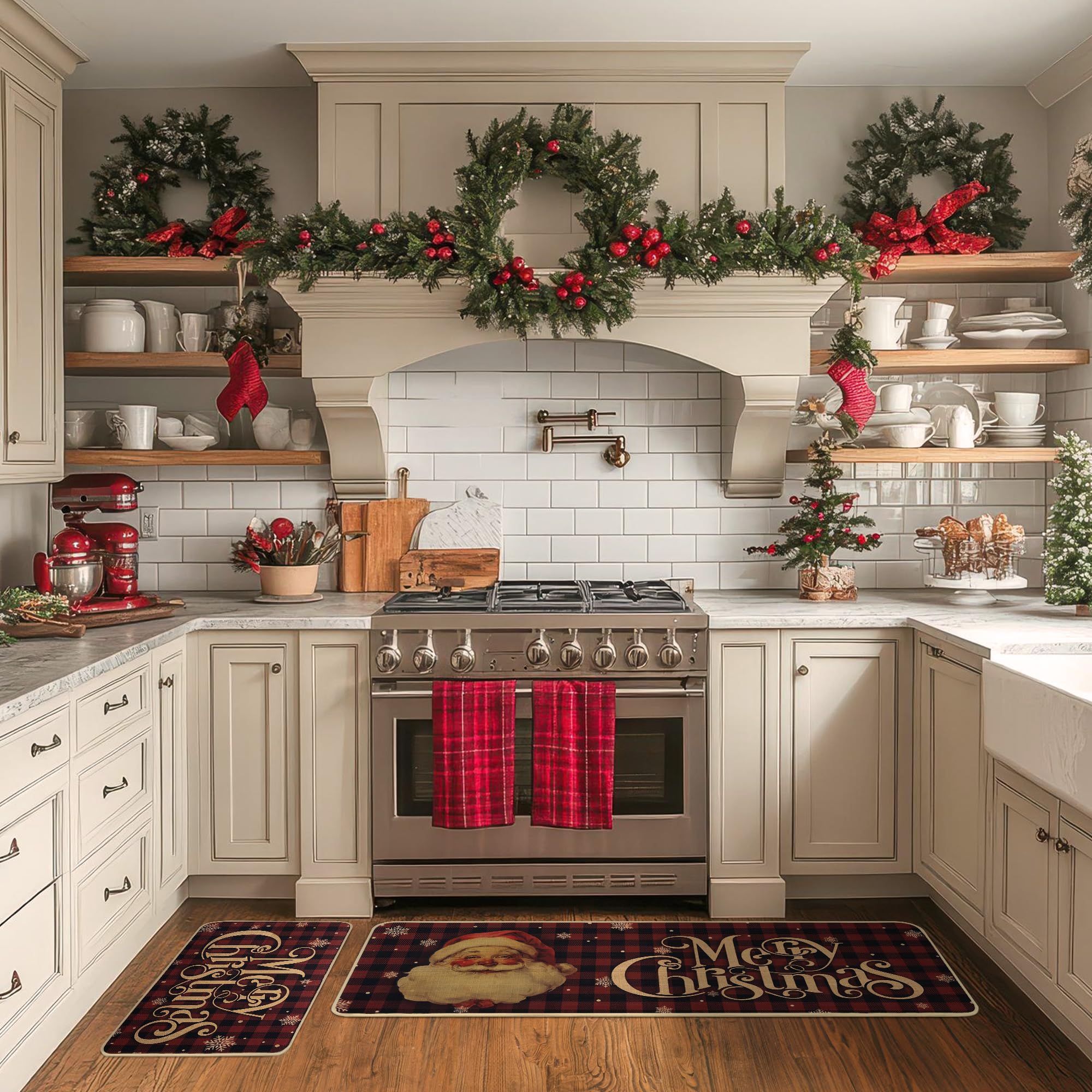 GRANNY SAYS Christmas Kitchen Rugs Set of 2 - Non-Slip Washable Floor Mats for Holiday Decor (17x30 & 17x47) - Santa Claus Design, Rustic Farmhouse Style - Perfect for Kitchen, Dining Room & Festive Home Decor