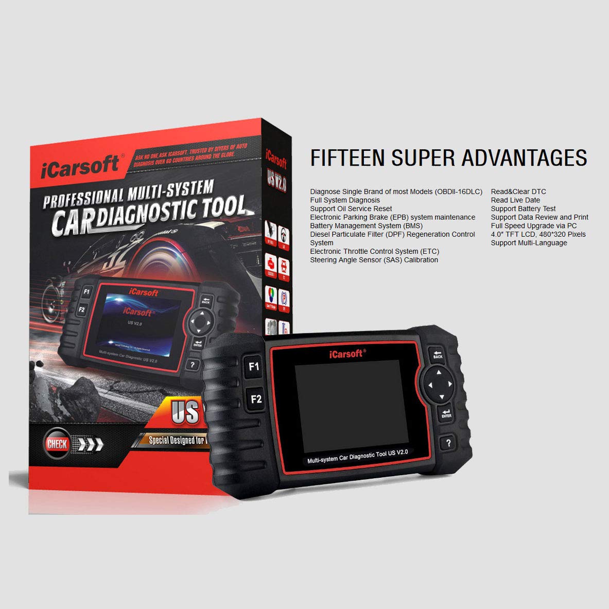 iCarsoft US V2.0 OBD2 Scanner - Professional Diagnostic Scan Tool for Ford, GM, Chevy, Buick, Cadillac, GMC, Chrysler, Jeep, Holden - Oil Reset, EPB, BMS, DPF, SAS, ETC, BLD, INJ Functions | Perfect for Mechanics & DIY Car Maintenance