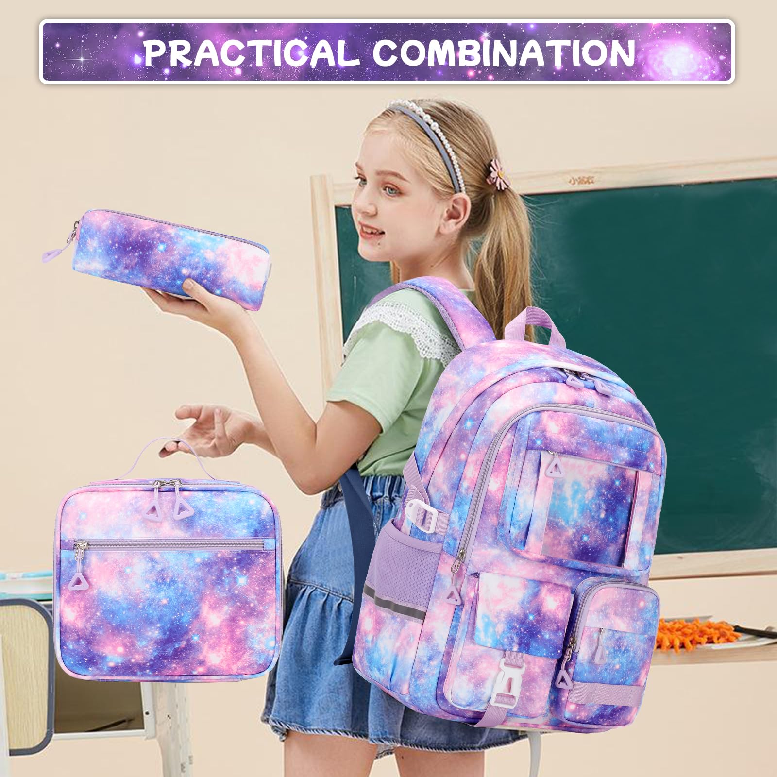 3-Piece Girls Backpack Set with Lunch Box - Cute Kawaii School Book Bag for Elementary & Middle School Students - Ita Backpack Galaxy Print - Perfect for School, Travel & Daily Use