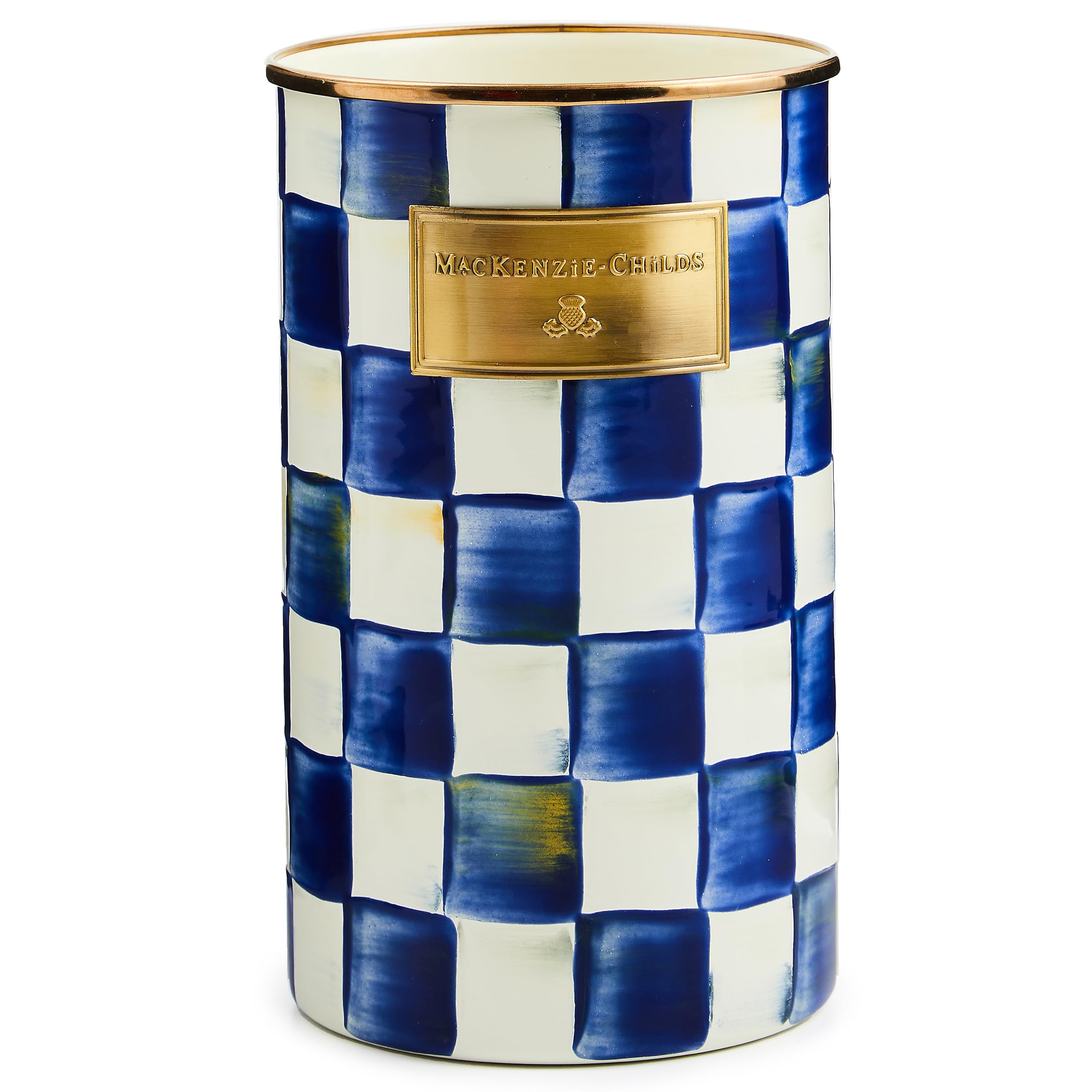 MACKENZIE-CHILDS Enamel Utensil Holder - Blue and White Royal Check Countertop Kitchen Organizer for Spoons, Forks & Cooking Tools - Perfect for Farmhouse, Cottage & Vintage Style Kitchens