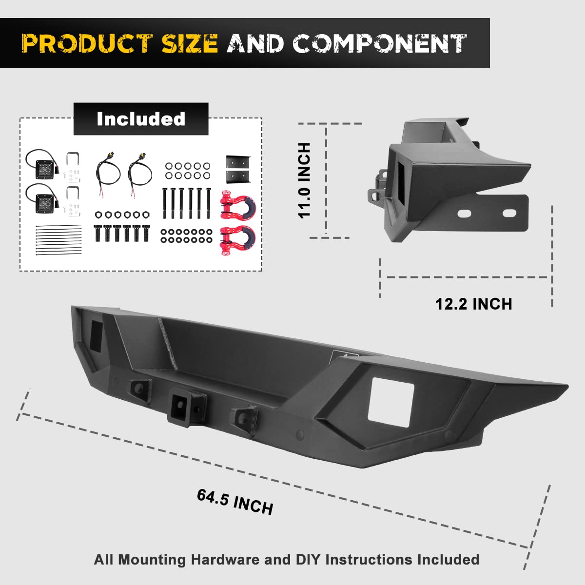 HAWKLEY Heavy Duty Rock Crawler Rear Bumper for 2007-2018 Jeep Wrangler JK & JKU (2/4 Door) - Off-Road Bumper with Hitch Receiver, 2x LED Lights & D-Ring Mounts | Perfect for Trail Riding, Rock Crawling & Overland Adventures