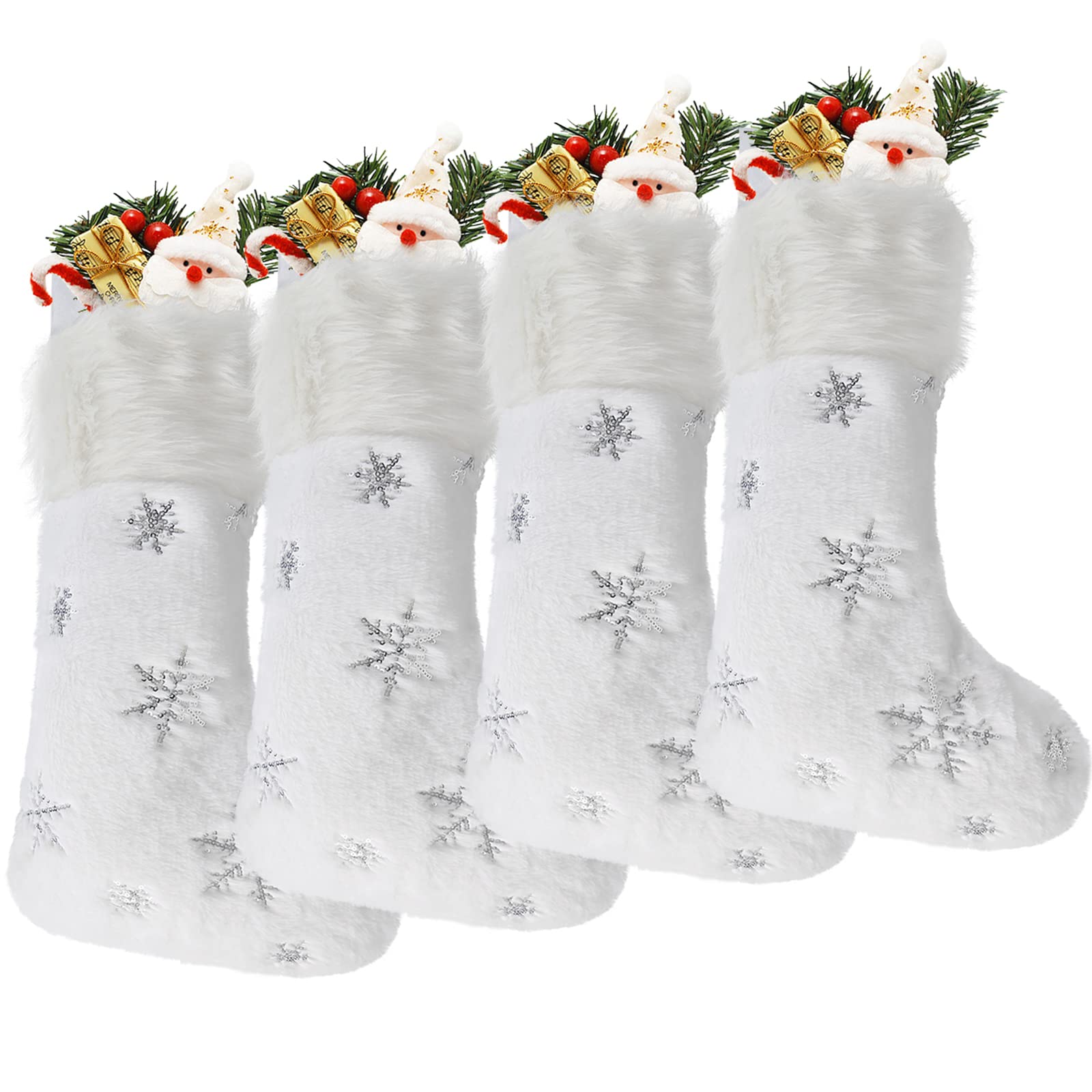 DIYASY 4-Pack Large White Faux Fur Christmas Stockings with Silver Sequin Snowflakes - Personalized Holiday Stockings for Fireplace, Mantel & Party Decor (17.5 Inch) - Perfect for Family Gift Exchange & Festive Home Decor