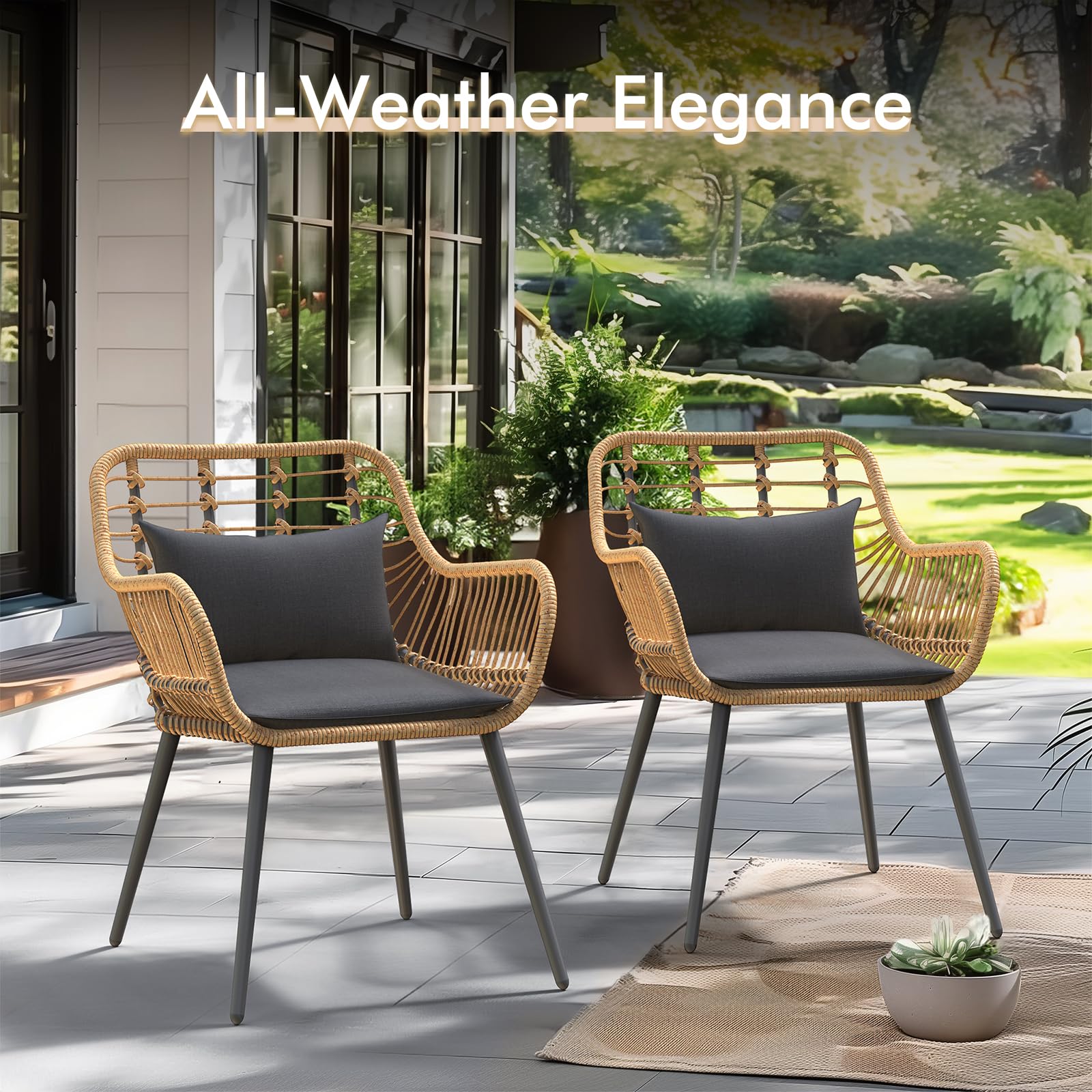 JOIVI 2-Piece Outdoor Wicker Chair Set with Cushions - Rattan Patio Dining Chairs with Armrests & Iron Frame - Weather-Resistant Garden Furniture for Balcony, Porch, Backyard, Poolside & Outdoor Entertaining - Black
