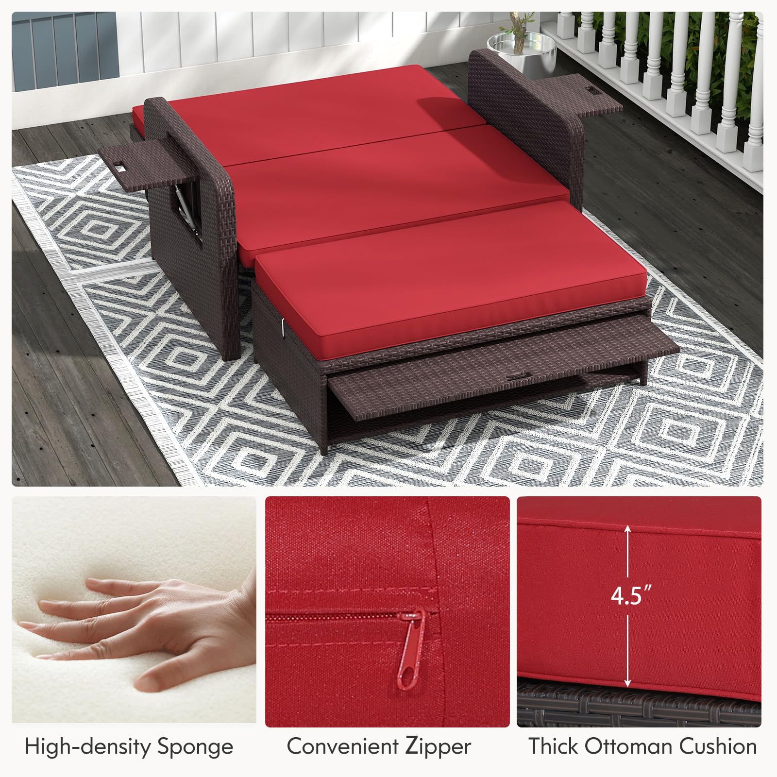 RELAX4LIFE Outdoor Wicker Daybed with Adjustable Backrest - Rattan Patio Lounger Set with Loveseat, Storage Ottoman & Cushions - 4-Level Reclining & 2 Retractable Trays - Perfect for Poolside, Garden or Patio Relaxation (Red)