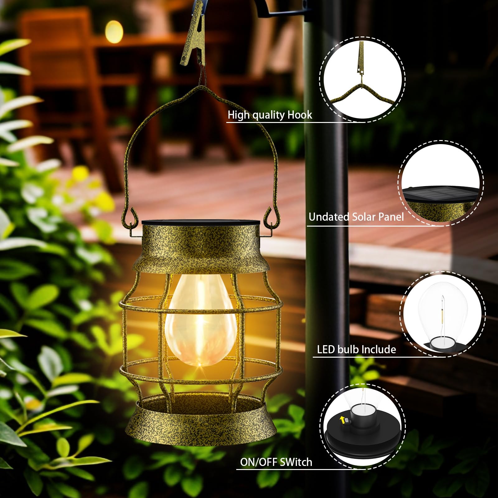 2 Pack Solar Outdoor Hanging Lights - Waterproof Metal Retro Design with Edison Bulb for Patio, Porch, Fence, Garden & Lawn - Solar Powered Decorative Lighting for Outdoor Spaces
