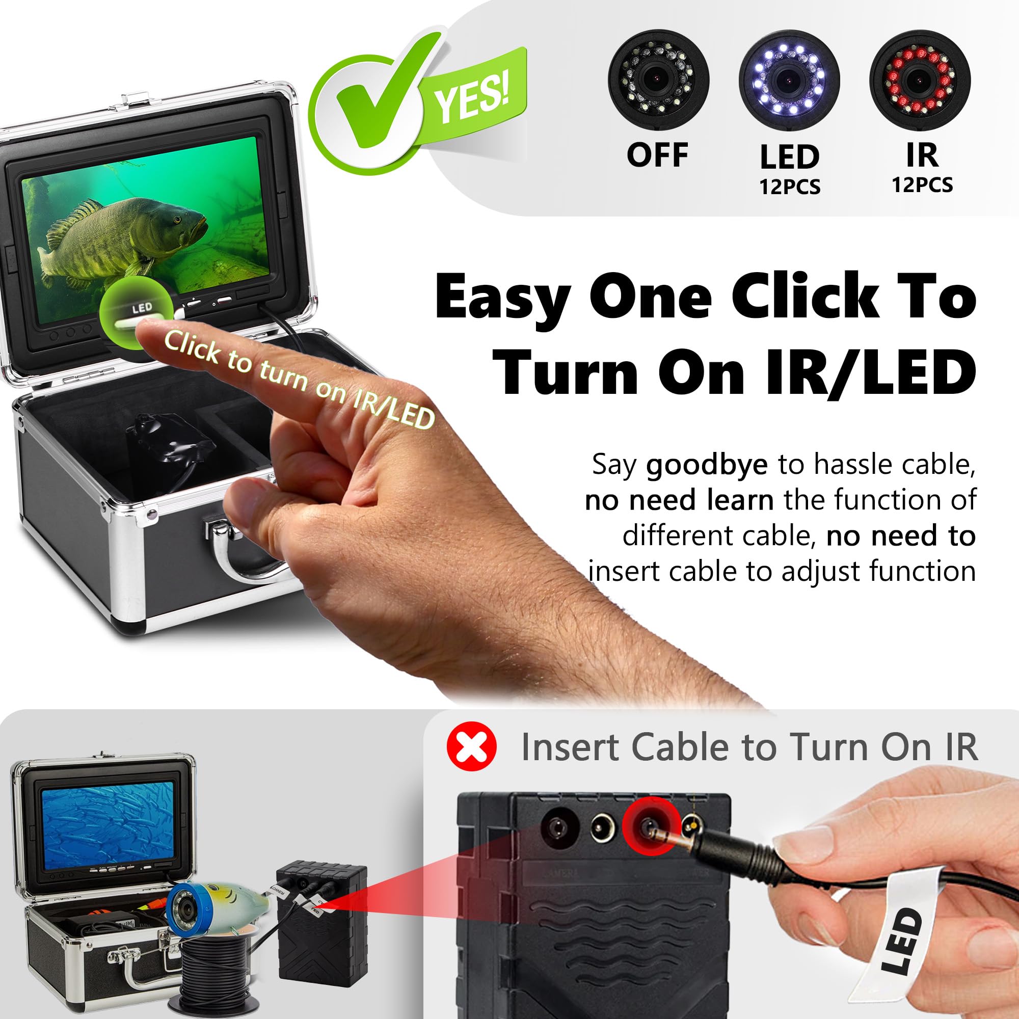 Underwater Fishing Camera with 12pcs IR & 12pcs LED Lights, 1200TVL HD, 7'' LCD Screen - 4,500mAh Li-Battery, 50ft Cable - Ice Fishing Camera & Fish Finder for Men - Perfect for Ice, Lake & Boat Fishing Adventures
