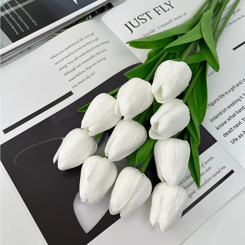 10 Pcs Realistic PU Touch Tulips Artificial Flowers - White Fake Tulip Bouquets for Home, Office, Wedding & Party Decor (Perfect for Centerpieces, Table Arrangements & Gift Wrapping)