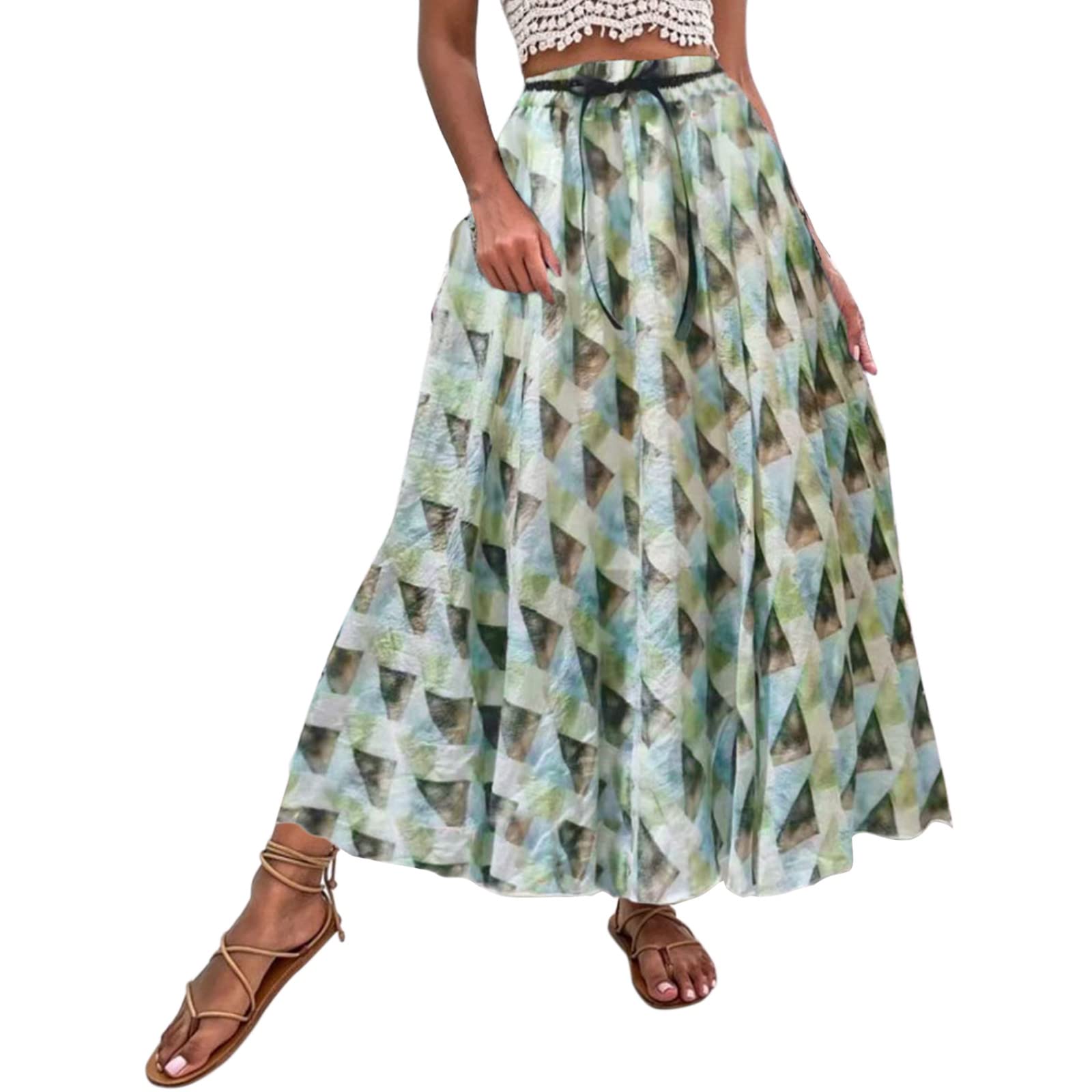 Women's Summer Floral Print Long Skirt - Elastic High Waist Vintage Pleated Swing A-Line Maxi Skirt for Beach, Boho Style & Casual Outings | Perfect for Vacations, Music Festivals & Summer Fashion