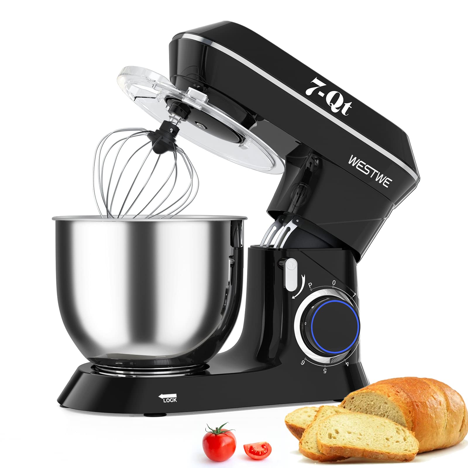 WESTWE 660W 6-Speed Stand Mixer with 7-QT Stainless Steel Bowl - Dough Hook, Wire Whip & Beater for Baking Bread, Cakes & Cookies - Perfect for Home Kitchen & Professional Bakers