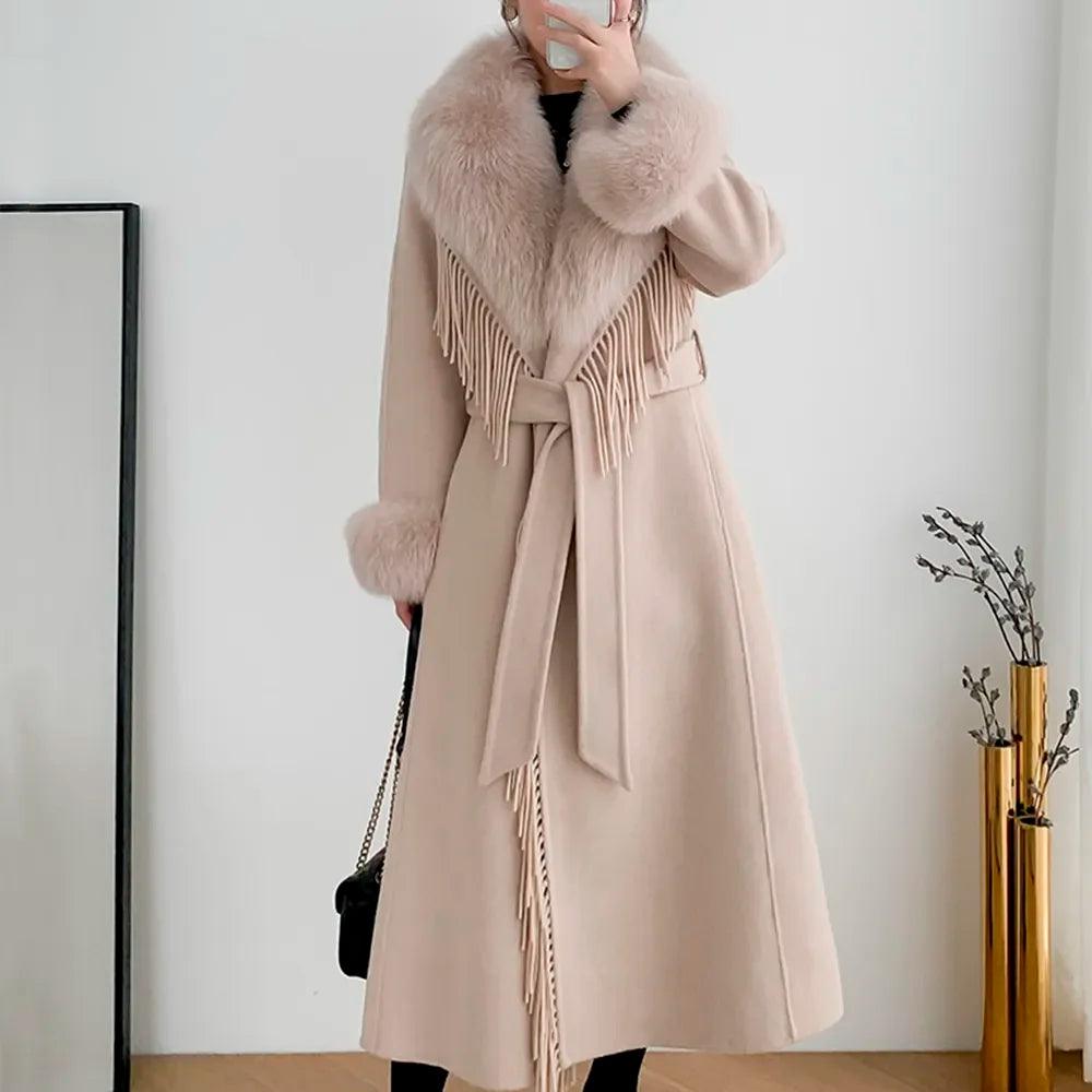 Luxury Women's Real Fur Winter Coat - Cashmere Wool Blend Jacket with Fox Fur Collar, Long Tassel Design, Warm Streetwear Outerwear for Winter Fashion, Parties & Cold Weather Protection