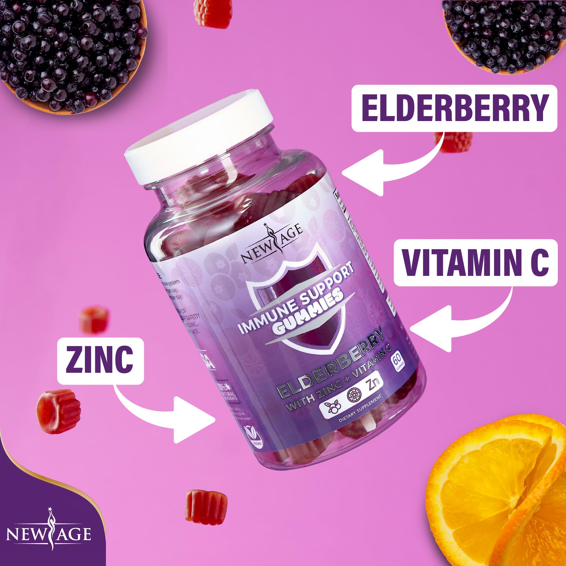 NEW AGE Immune System Support Gummies - Sambucus Black Elderberry Gummies with Vitamin C & Zinc for Immunity Boost (120 Count) | Daily Immune Support Supplement for Adults & Kids | Perfect for Cold & Flu Season
