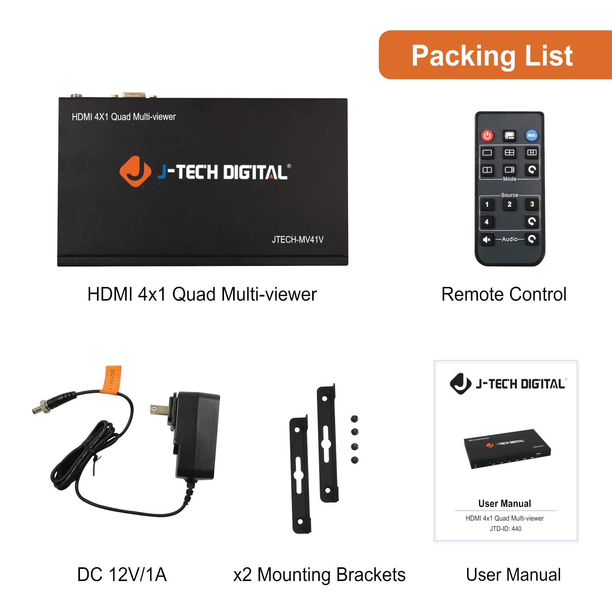 J-Tech Digital HDMI 4x1 Multi-Viewer Quad Splitter - 1080p Seamless Switch with 5 Display Modes & VGA Loop Out [JTECH-MV41V] - Perfect for Home Theater, Gaming, and Conference Room Setups