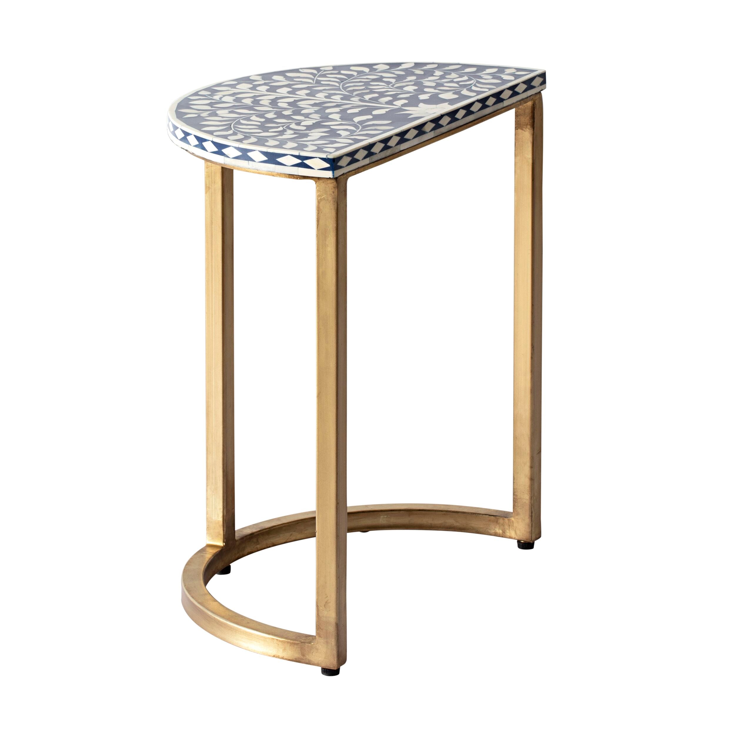 Exquisite Blue and Gold Bone Inlay Half Moon Side Table - 44cm Handcrafted Accent Table for Living Room, Bedroom, or Entryway Decor
