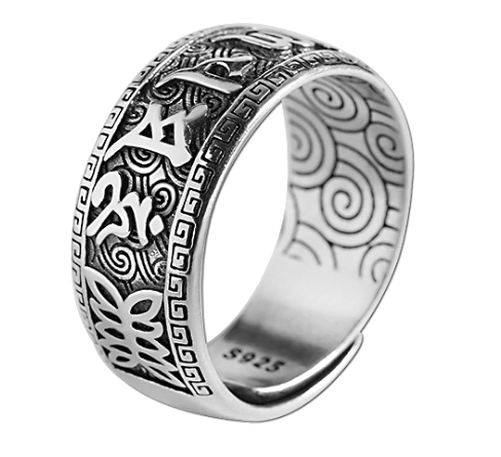CHXISHOP S925 Sterling Silver Adjustable Open End Ring for Men - Buddhist Six-Character Mantra Lucky Jewelry Gift (Buddhist Meditation, Spiritual Protection, Fashion Accessory)