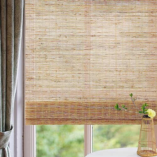 Blackout Bamboo Roman Shades | Cordless Woven Wood Window Blinds for Privacy | Extra Wide Custom Natural Shades | Perfect for Bedroom, Living Room & Dining Room | Bronze Finish | Light Blocking & Room Darkening Window Treatments