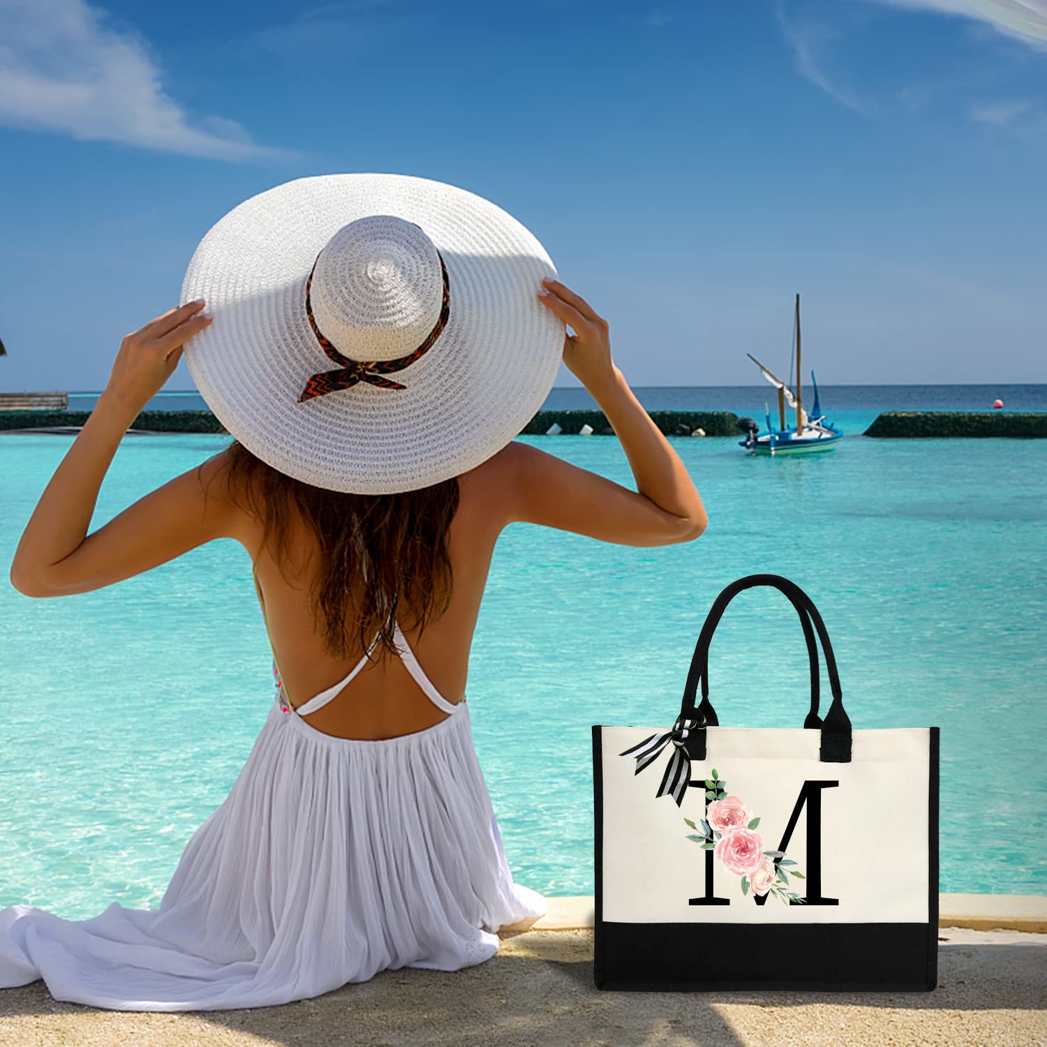 Personalized Canvas Beach Tote Bag with Printed Letter - Cute Gift for Women, Mom, Friends, Teachers & Bridesmaids - Perfect for Beach Trips, Shopping & Everyday Use