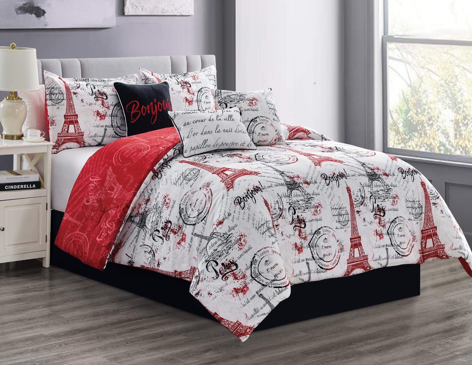 Paris-Themed Queen Size Comforter Set - 7 Piece Luxury Bedding Set with Shams, Bedskirt & Cushions | Eiffel Tower Design for Shabby Chic & Stylish Bedroom Decor | Red, Black & White | Perfect for Guest Rooms, Master Bedrooms & Paris-Inspired Home Decor