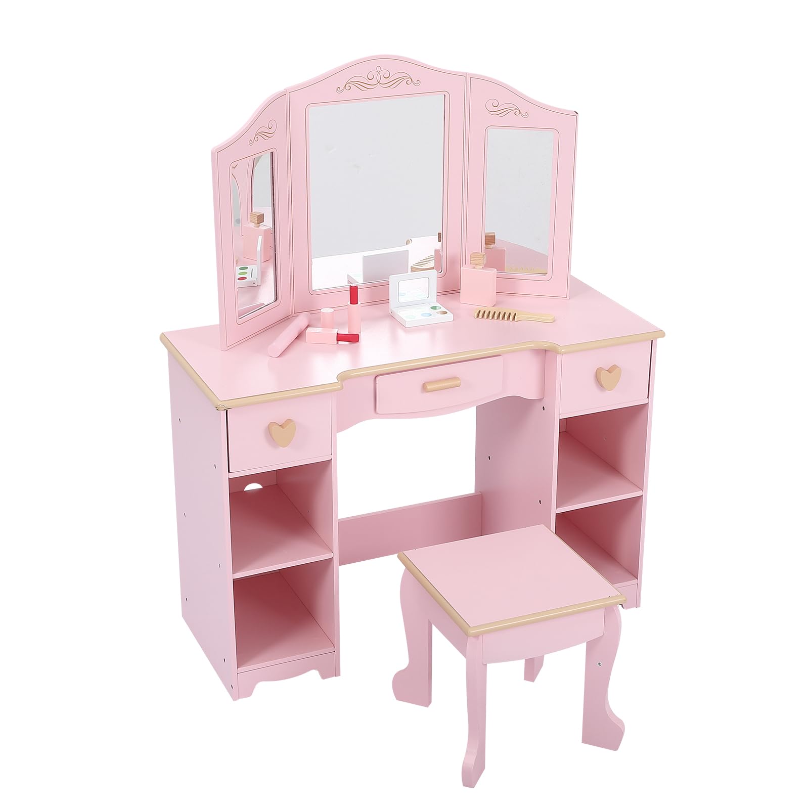 Princess Vanity Set for Girls Ages 4-9 - Kids Makeup Dressing Table with Mirror, Chair, Drawers & Stool - Pretend Play Toy for Birthday Gifts & Bedroom Decor (Pink/White) - Perfect for Pretend Play, Birthday Parties & Room Decoration