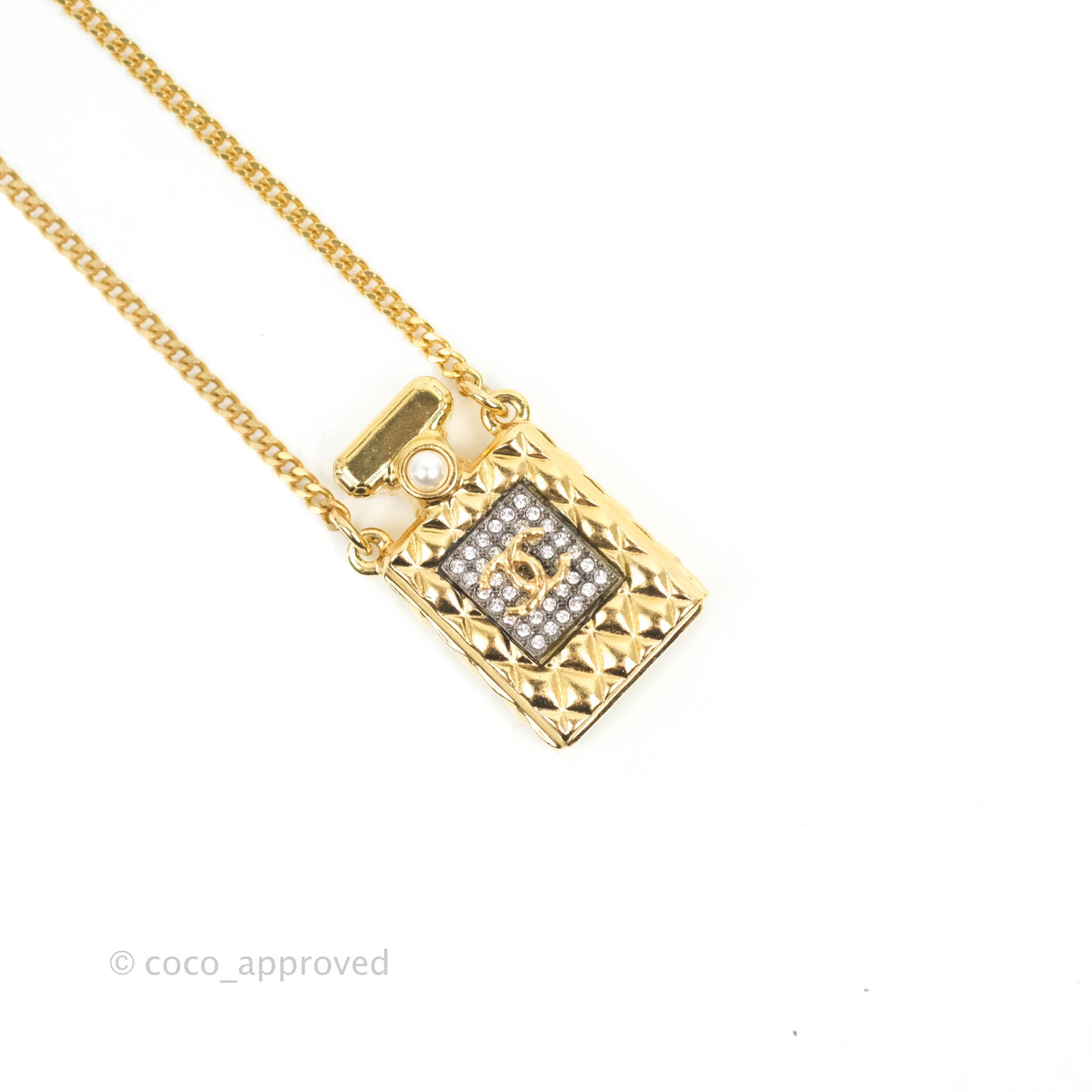 Chanel CC Crystal Pearl Perfume Bottle Necklace in Gold Tone - Elegant Fashion Jewelry for Women, Perfect Gift for Birthday, Anniversary & Special Occasions